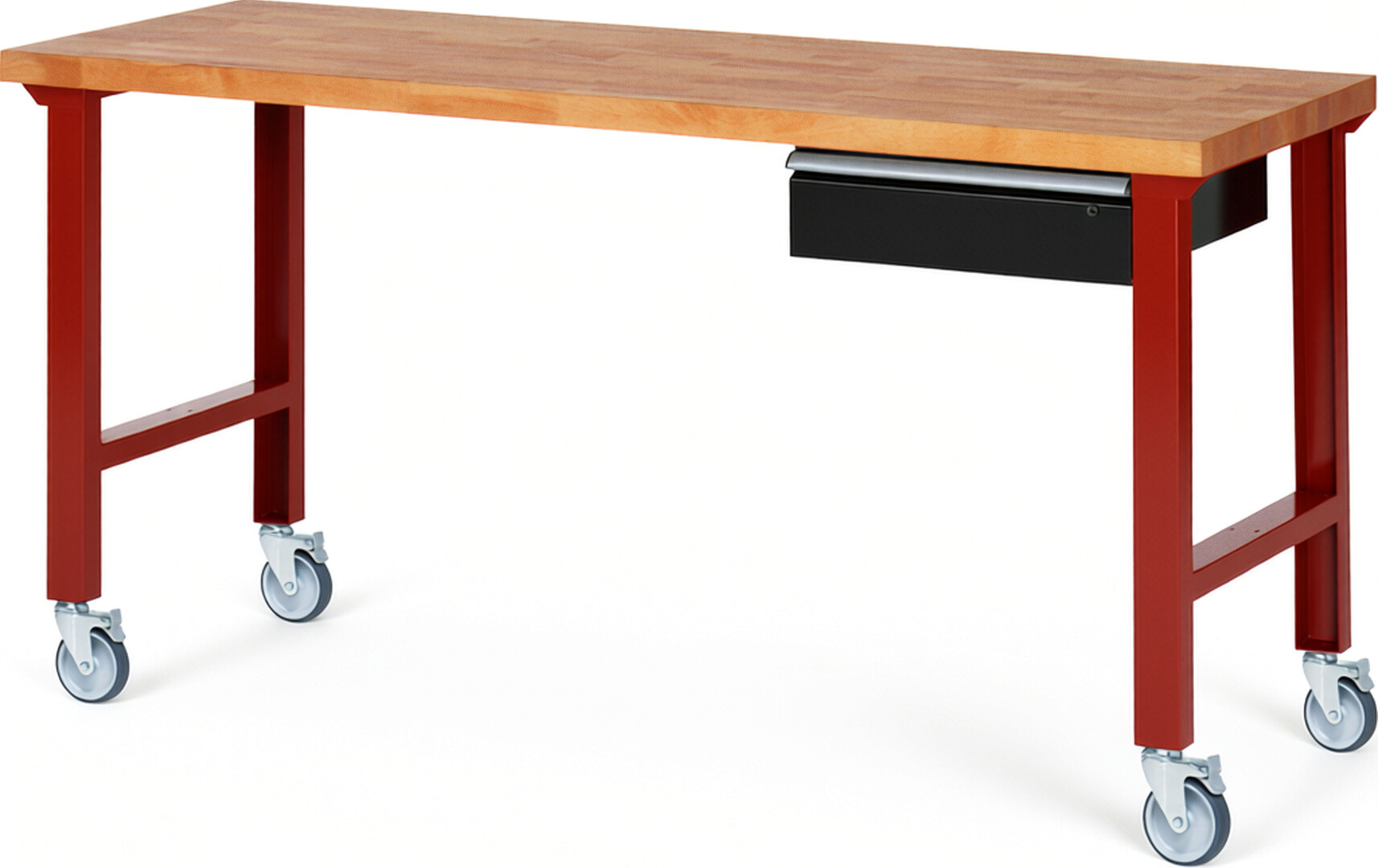 Fahrbare Werkbank Modell 7001 rot - schwarz, BxTxH 2000x700x1000 mm,  Buche-Massiv Arbeitsplatte 40 mm,  1 Schublade mit  Auszug 90 %