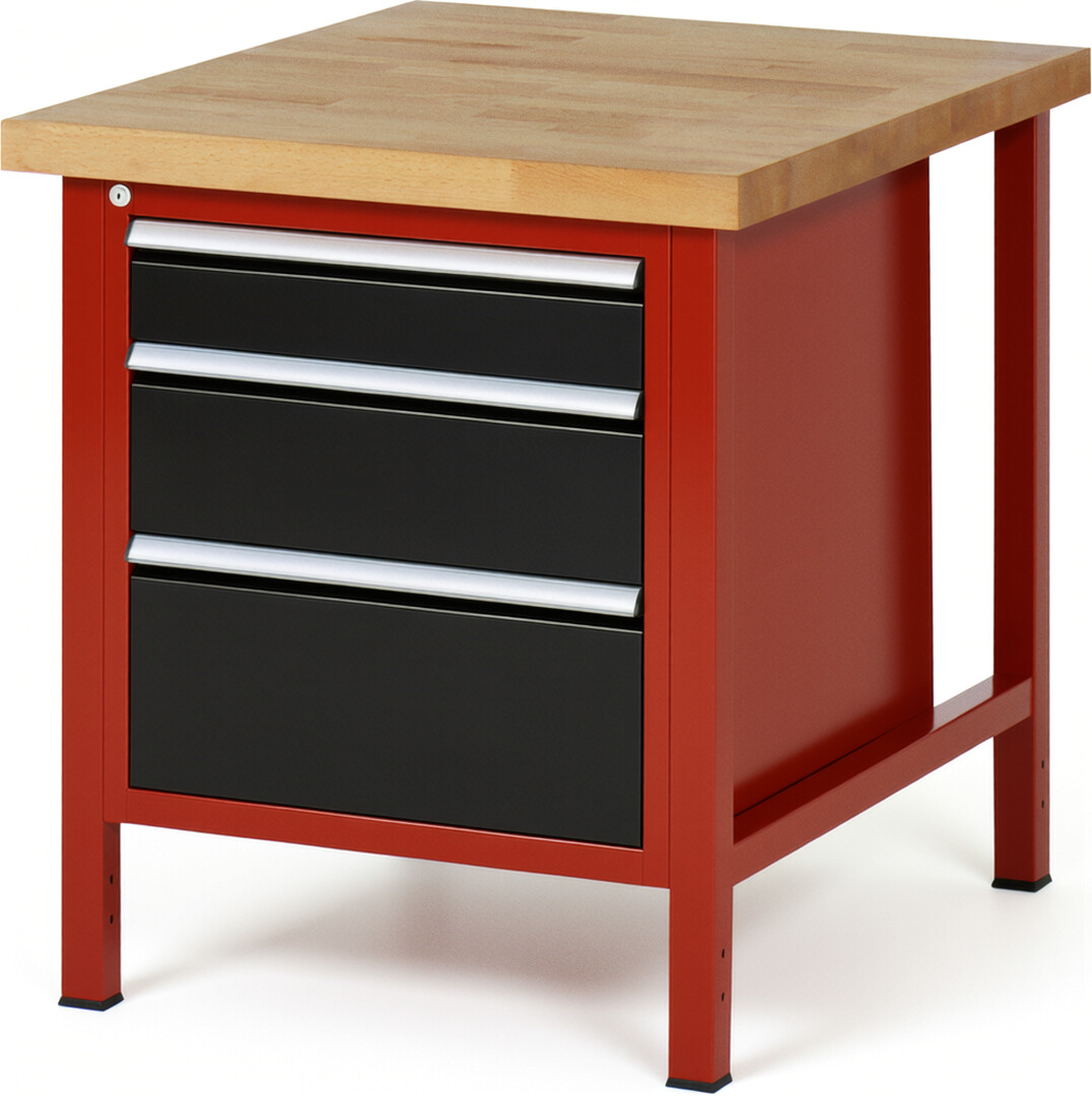 Werkbank Modell 8159 rot - schwarz, BxTxH 750x900x840-1040 mm,  Buche-Massiv Arbeitsplatte 40 mm,  3 Schubladen mit  Vollauszug 100 % und  SoftClosing