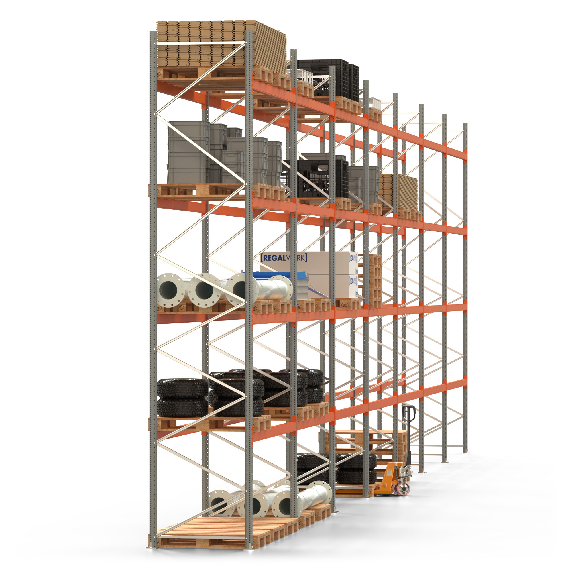 Palettenregal ARTUS - Breite 1958 cm - Höhe 550 cm - Tiefe 110 cm - 4 Träger-Ebenen - Fachlast 2000 kg - 105 Palettenstellplätze