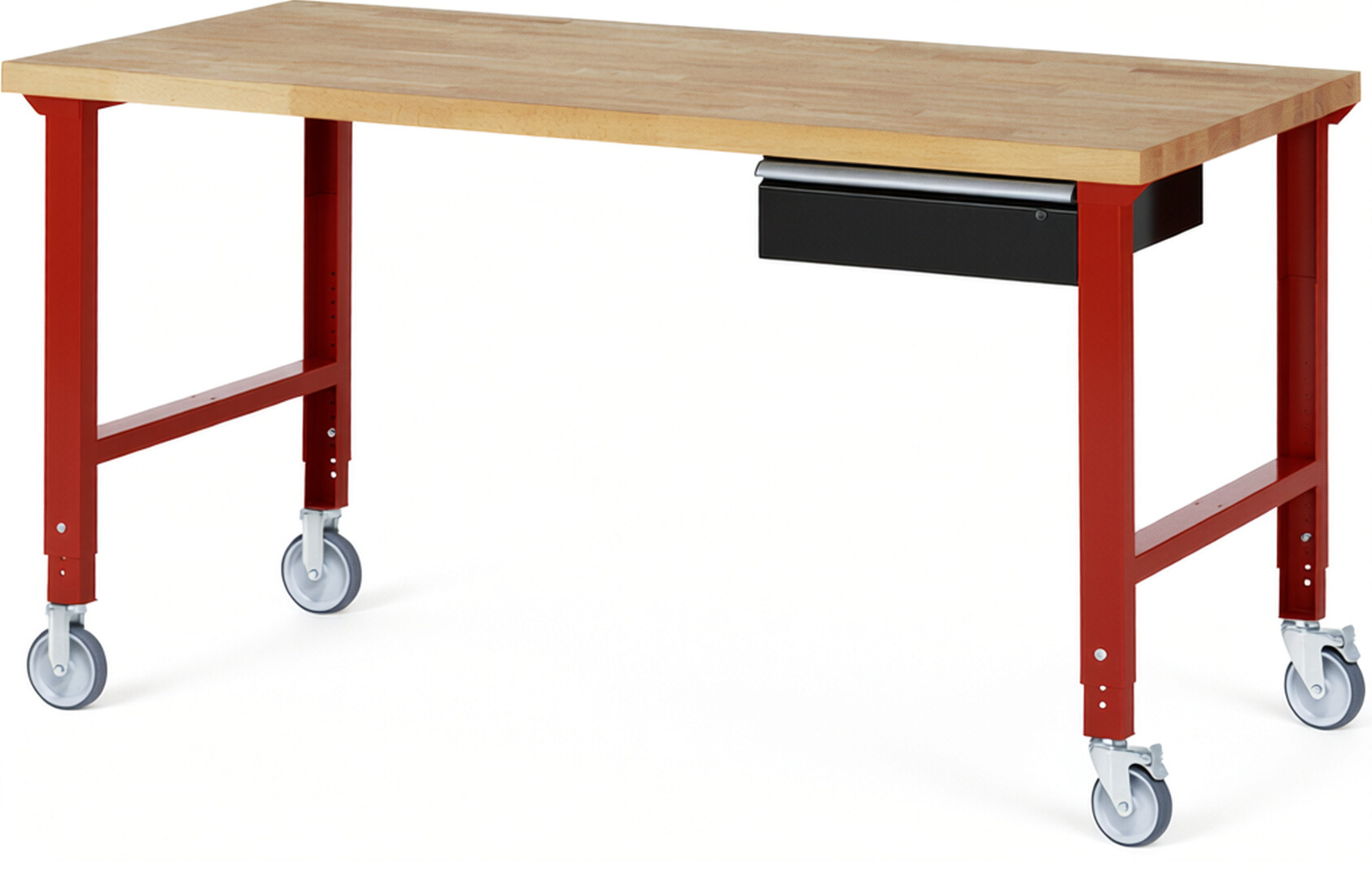 Fahrbare Werkbank Modell 7001 rot - schwarz, BxTxH 2000x900x950-1000 mm,  Buche-Massiv Arbeitsplatte 40 mm,  1 Schublade mit  Auszug 90 %