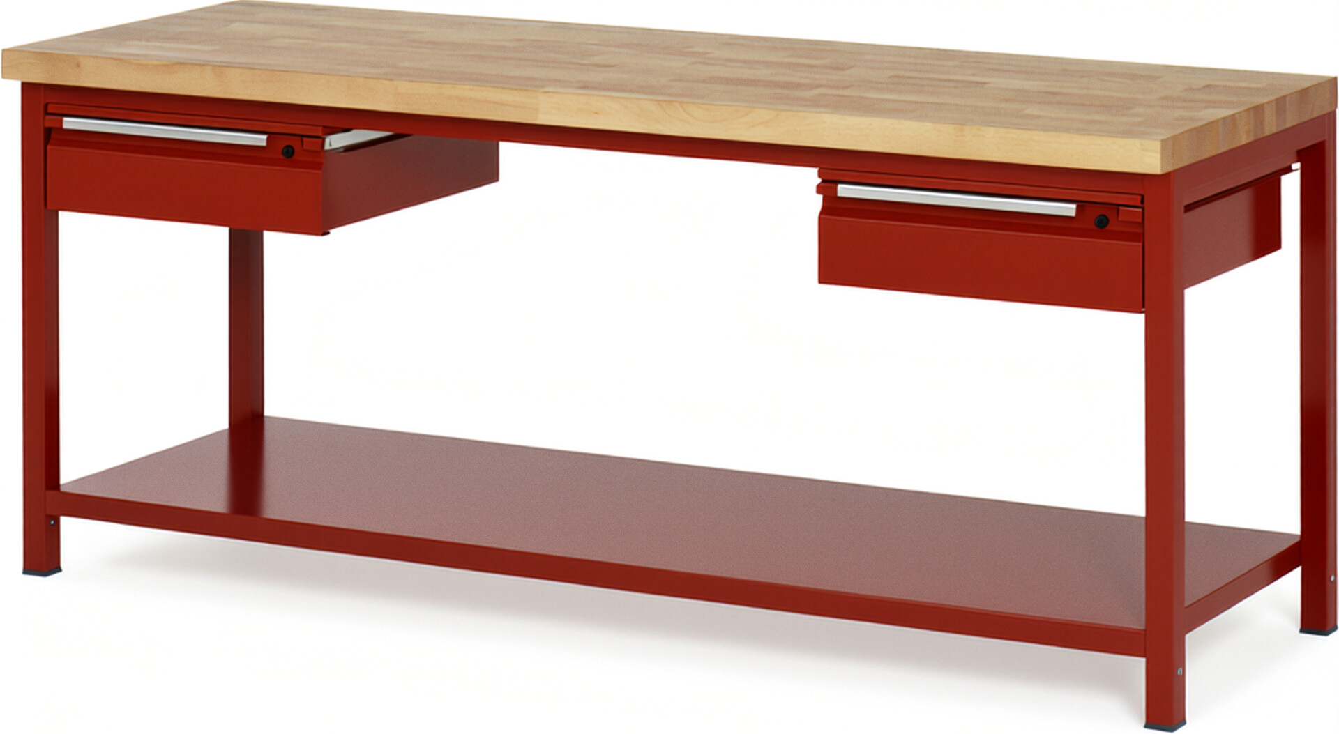 Werkbank - Modell 8002 BASIC rot, BxTxH 2000x700x840 mm,  Buche-Massiv Arbeitsplatte 40 mm,  2 Schubladen mit  Auszug 90 %