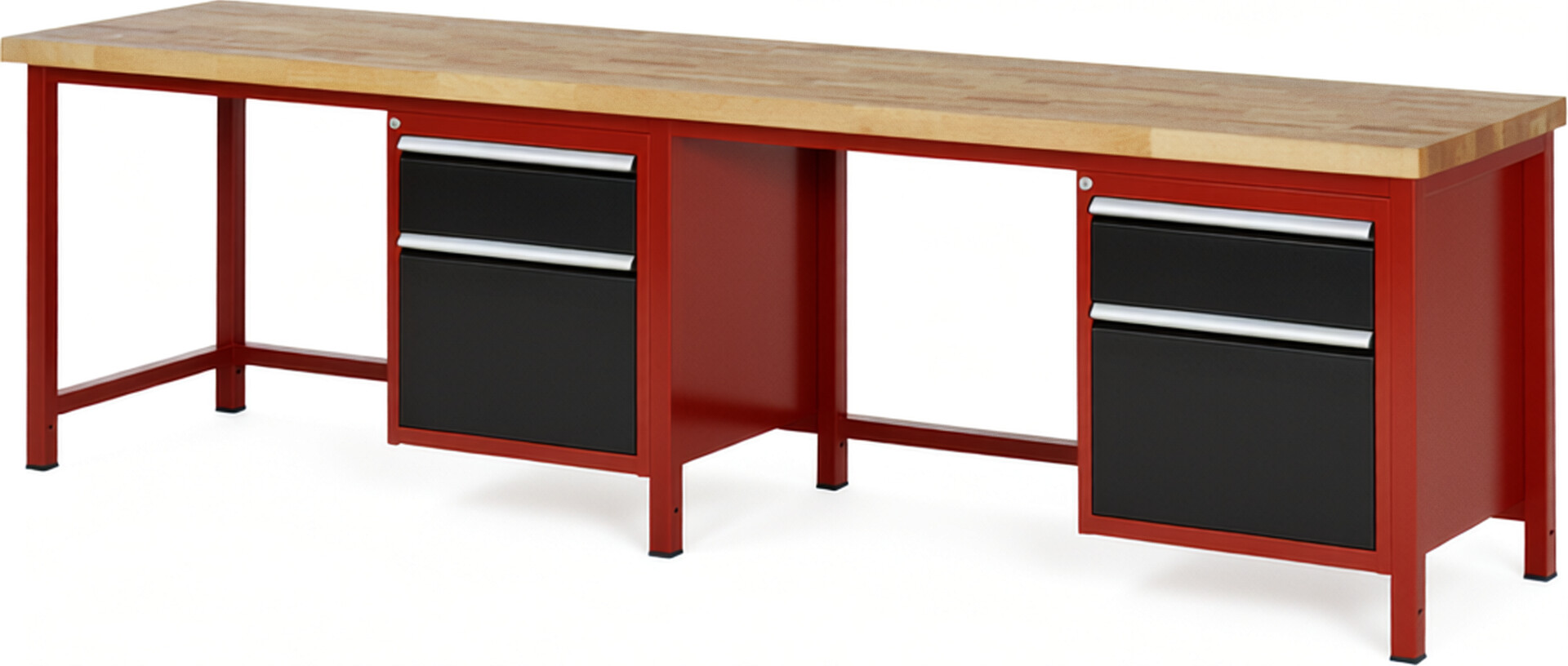 RAU Werkbank rot - schwarz - Breite 300 cm - Tiefe 70 cm - Höhe 84 cm - Buche-Massiv Arbeitsplatte 40 mm