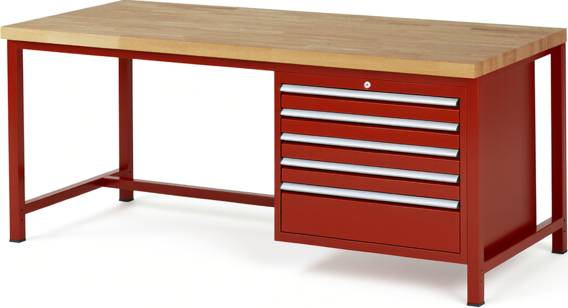 Werkbank Modell 8268 rot, BxTxH 2000x900x840-1040 mm,  Buche-Massiv Arbeitsplatte 40 mm,  5 Schubladen mit  Auszug 90 %