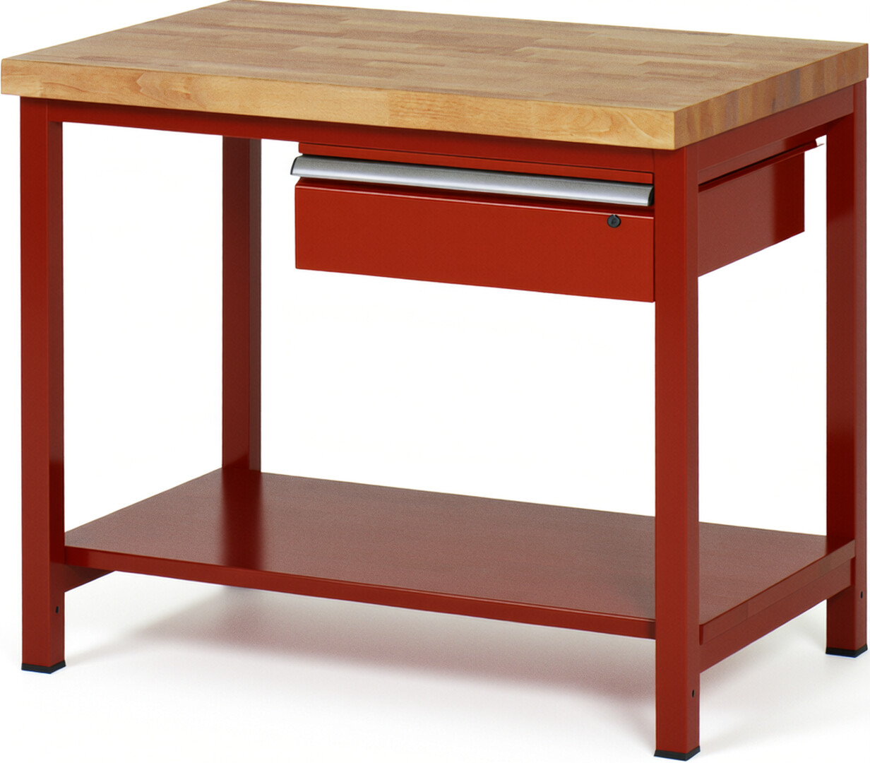 Werkbank Modell 8001 rot, BxTxH 1000x700x840-1040 mm,  Buche-Massiv Arbeitsplatte 40 mm,  1 Schublade mit  Auszug 90 %