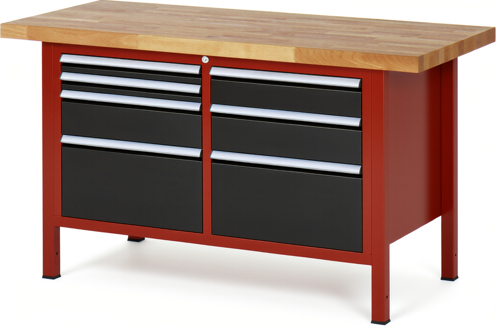 RAU Werkbank rot - schwarz - Breite 150 cm - Tiefe 70 cm - Höhe 84 cm - Buche-Massiv Arbeitsplatte 40 mm