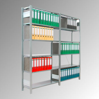 Aktenregal mit Holzböden, Büroregal - Fachbodenregal mit Tiefenriegel - 80 kg - (HxBxT) 2.000 x 875 x 300 mm - Anbauregal - verzinkt