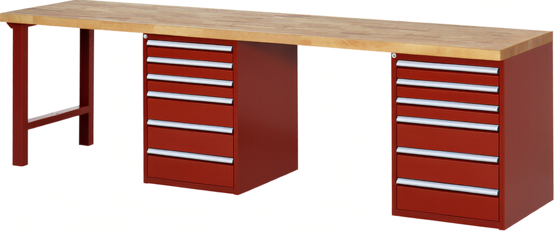 RAU Werkbank rot - Breite 300 cm - Tiefe 70 cm - Höhe 89 cm - Buche-Massiv Arbeitsplatte 40 mm