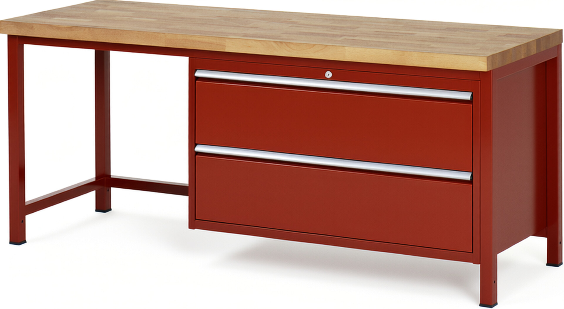 Werkbank Modell 8355 rot, BxTxH 2000x700x840-1040 mm,  Buche-Massiv Arbeitsplatte 40 mm,  2 Schubladen mit  Vollauszug 100 % und  SoftClosing