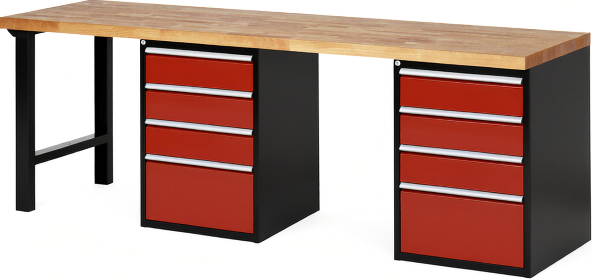 RAU Werkbank schwarz - rot - Breite 250 cm - Tiefe 70 cm - Höhe 89 cm - Buche-Massiv Arbeitsplatte 40 mm