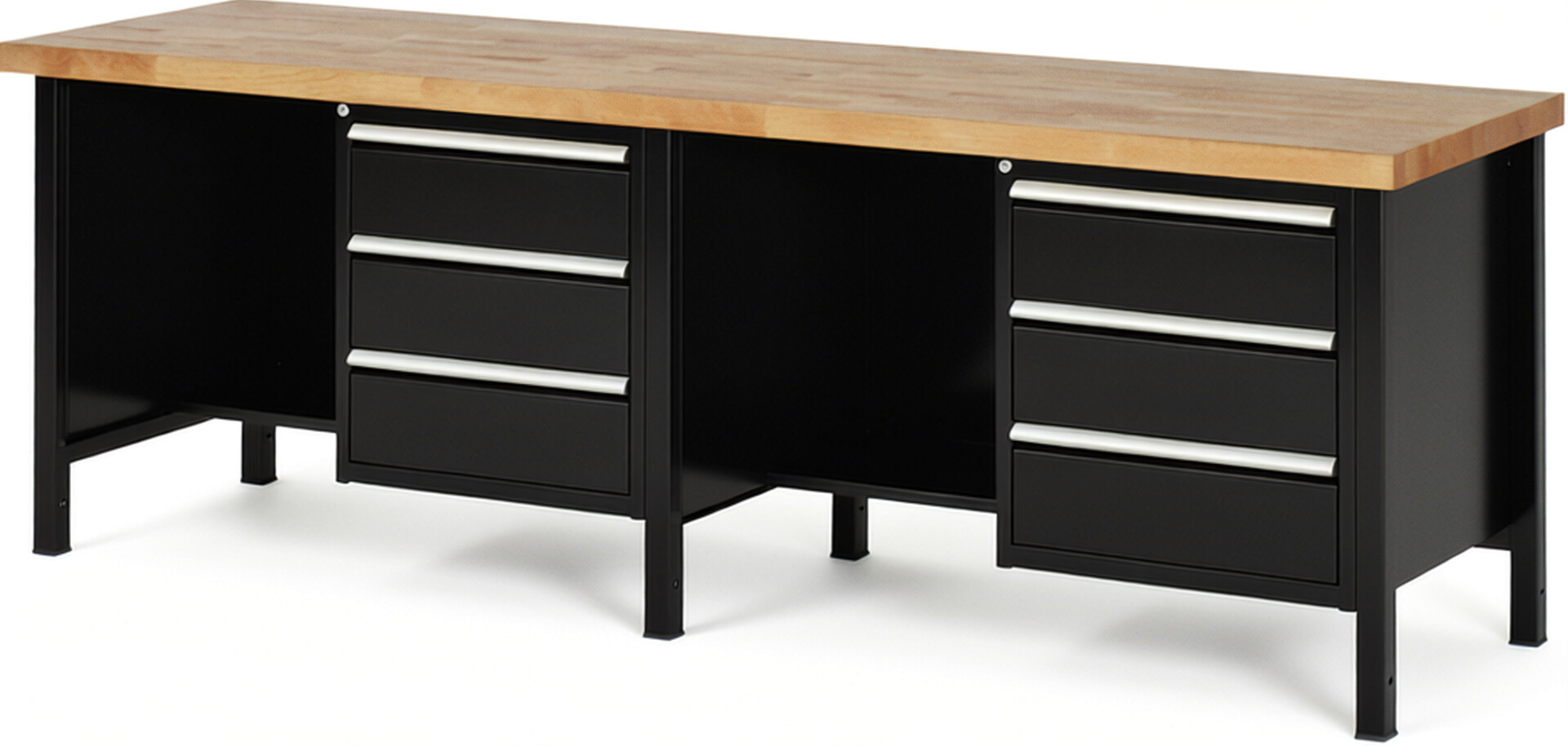 Werkbank Modell 8452 schwarz, BxTxH 2500x700x840-1040 mm,  Buche-Massiv Arbeitsplatte 40 mm,  6 Schubladen mit  Auszug 90 %