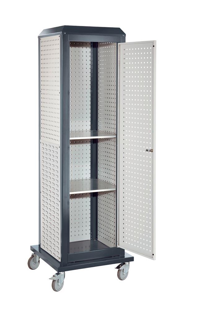 Lochplatten, Tool-Tower groß, BxTxH 700x700x2015 mm, mobil, 1 Tür, 4 Platten, 2 Boden, RAL 7016/7035
