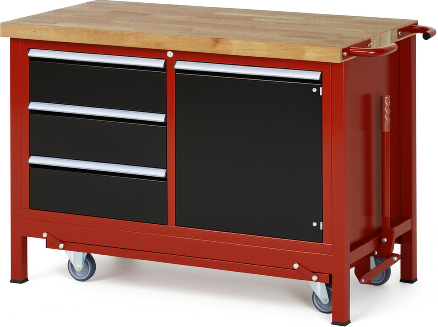 Absenkbare Werkbank Modell 8468 rot - schwarz, BxTxH 1250x700x880 mm,  Buche-Massiv Arbeitsplatte 40 mm,  3 Schubladen mit  Auszug 90 %