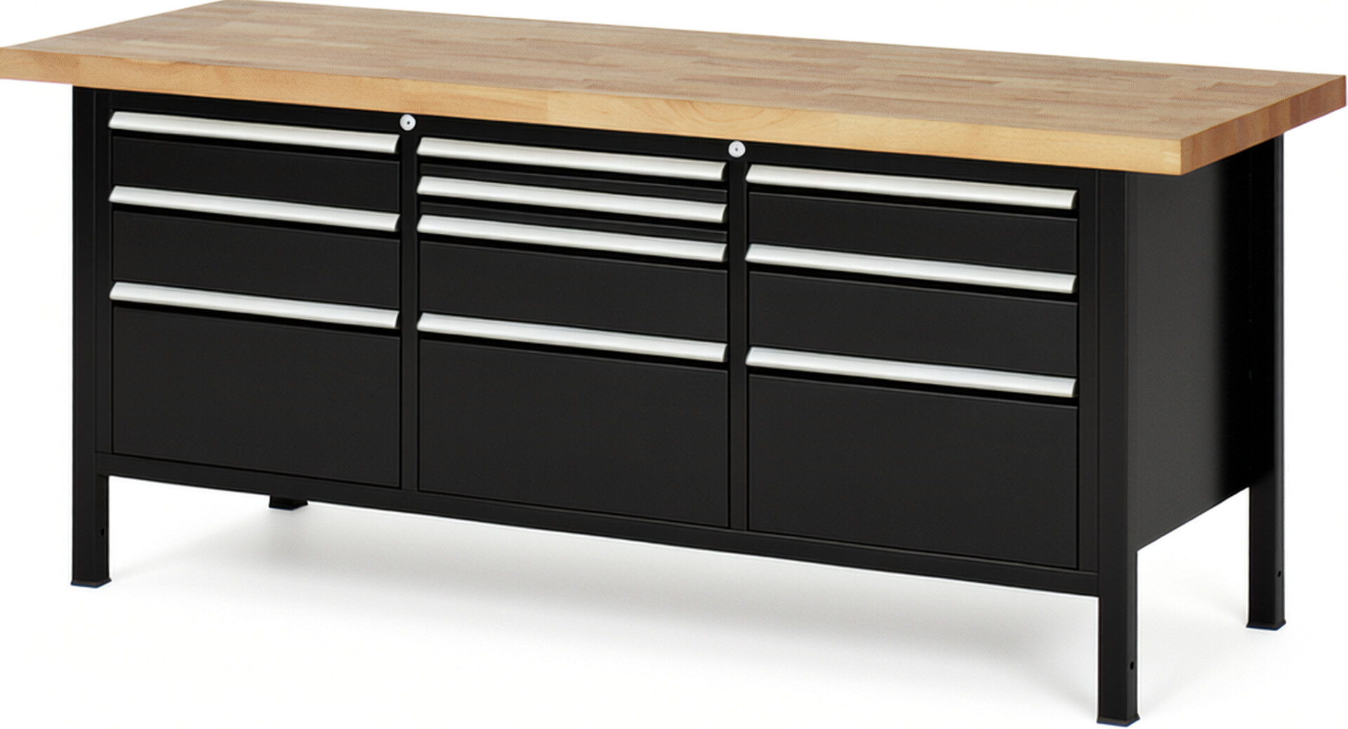 Werkbank Modell 8576 schwarz, BxTxH 2000x700x840-1040 mm,  Buche-Massiv Arbeitsplatte 40 mm,  10 Schubladen mit  Vollauszug 100 % und  SoftClosing
