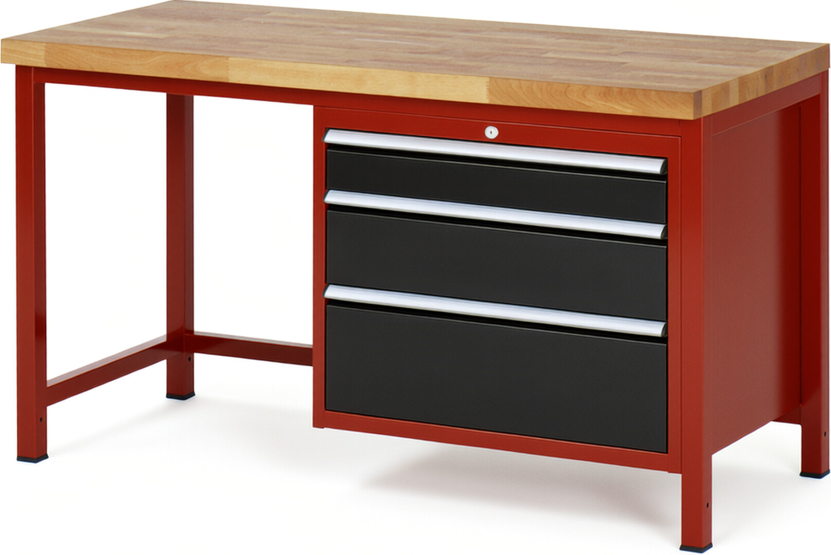 Werkbank Modell 8259 rot - schwarz, BxTxH 1500x700x840 mm,  Buche-Massiv Arbeitsplatte 40 mm,  3 Schubladen mit  Auszug 90 %