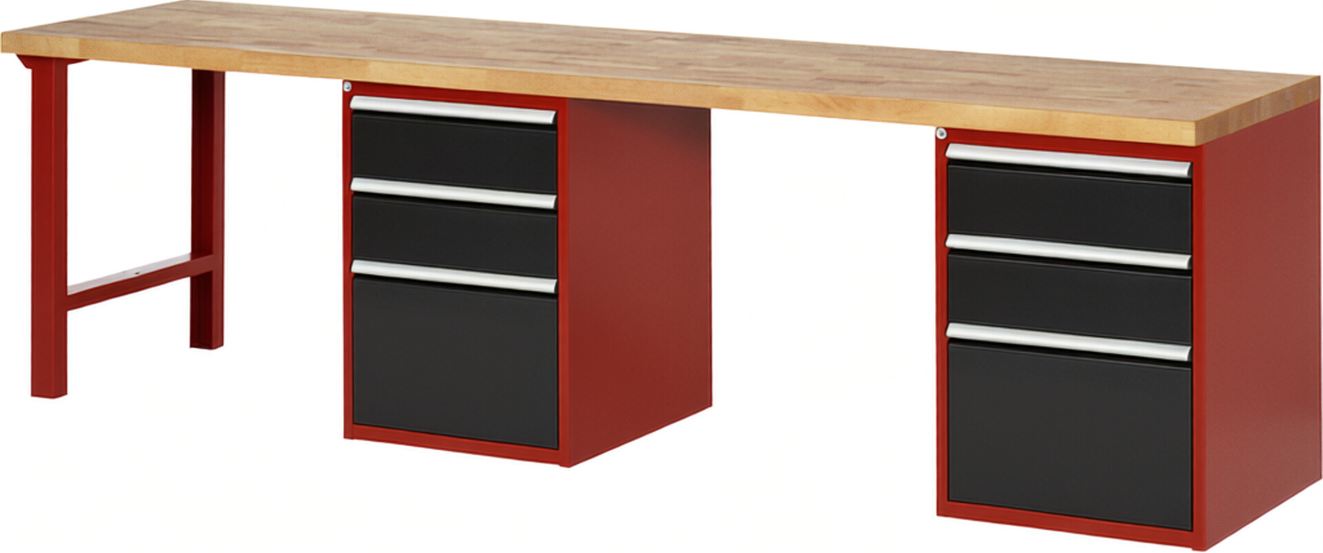 Werkbank Modell 7507 rot - schwarz, BxTxH 3000x700x840 mm,  Buche-Massiv Arbeitsplatte 40 mm,  6 Schubladen mit  Auszug 90 %