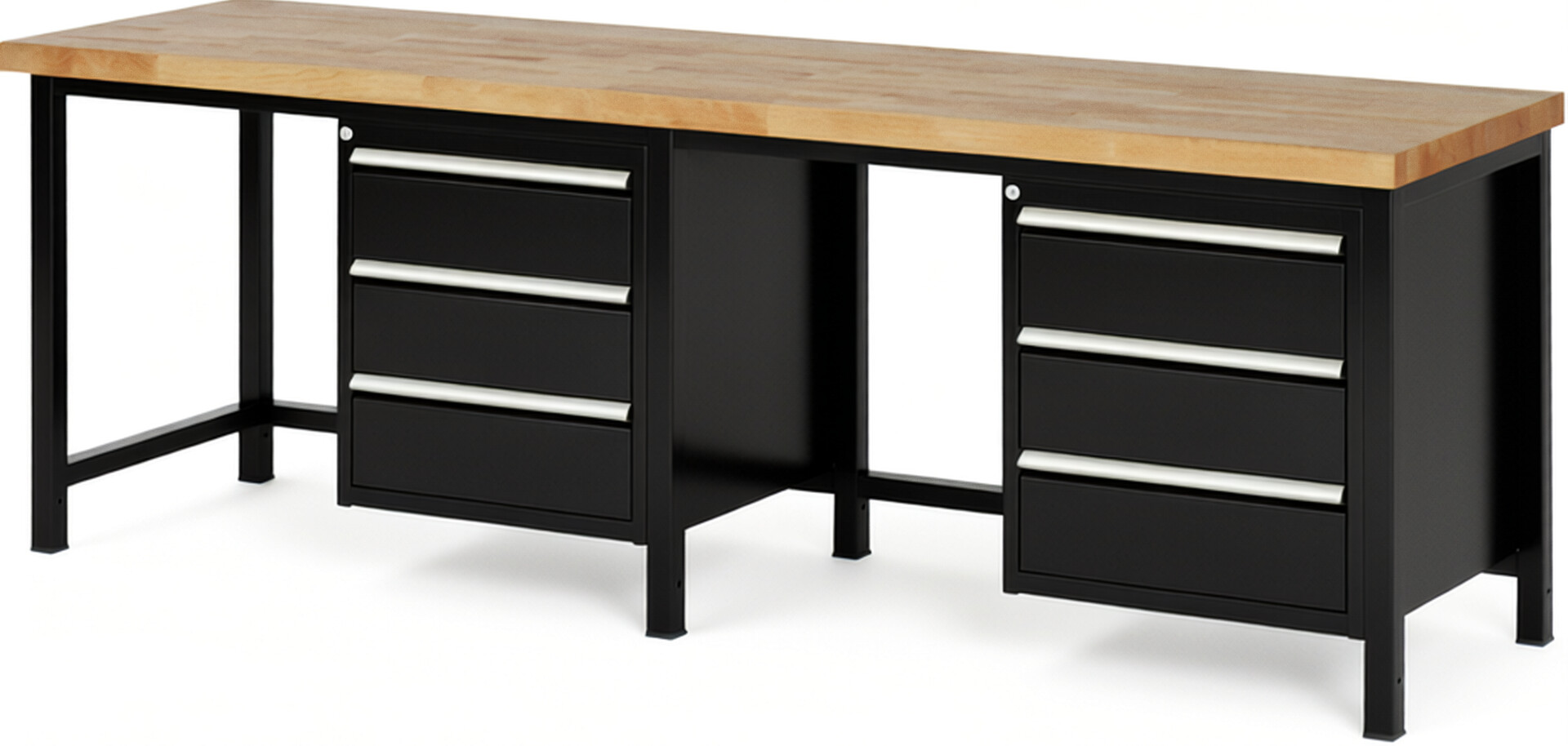 Werkbank Modell 8157 schwarz, BxTxH 2500x700x840 mm,  Buche-Massiv Arbeitsplatte 40 mm,  6 Schubladen mit  Auszug 90 %