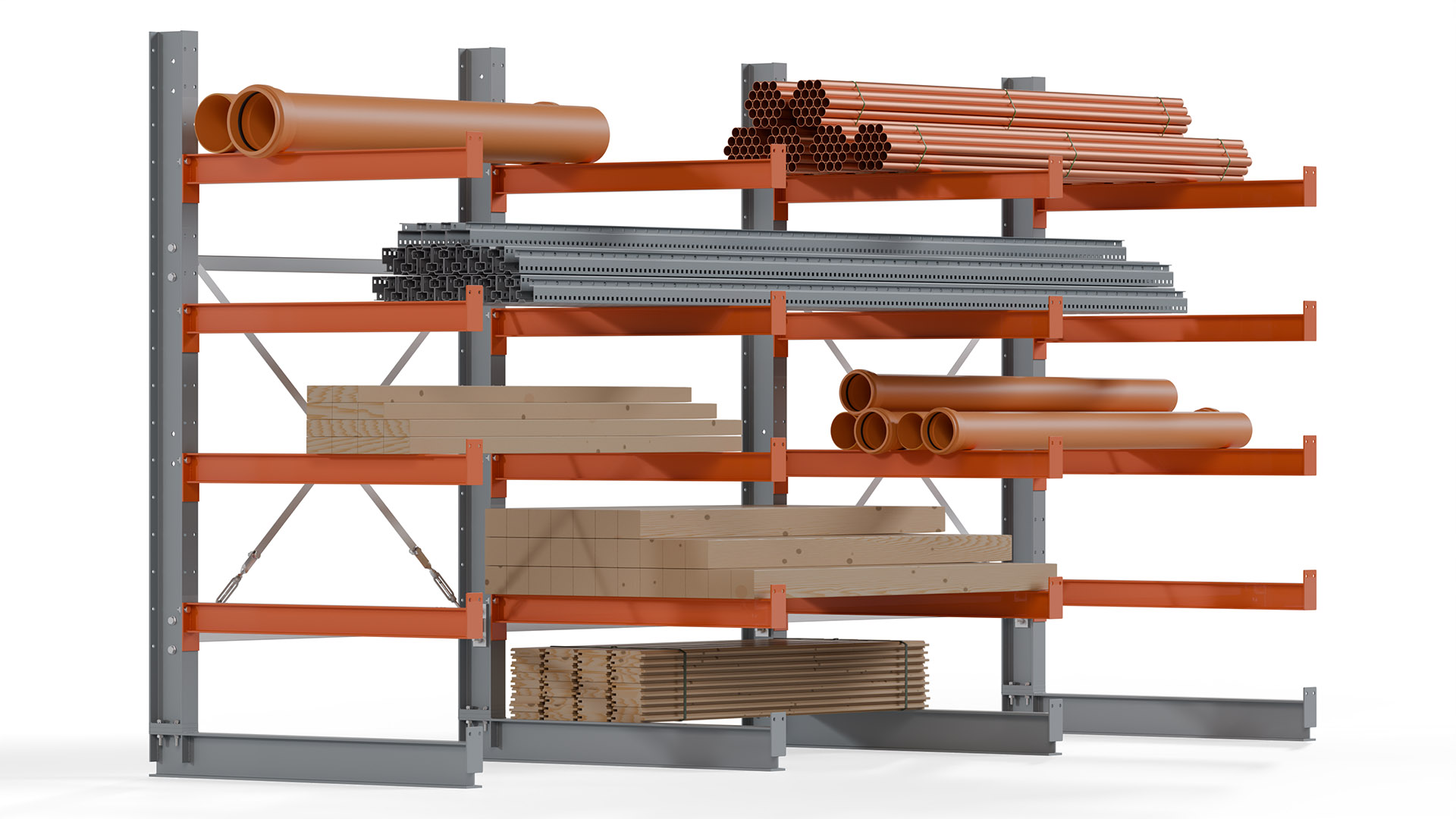 Kragarmregal KARL basic - lackiert - Breite: 384 cm - Höhe: 200 cm - Tiefe: 100 cm - Traglast je Kragarm: 450 kg - einseitig