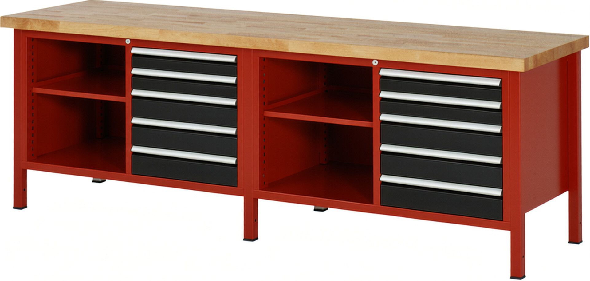Werkbank Modell 8464 rot - schwarz, BxTxH 2500x700x840 mm,  Buche-Massiv Arbeitsplatte 40 mm,  10 Schubladen mit  Vollauszug 100 % und  SoftClosing