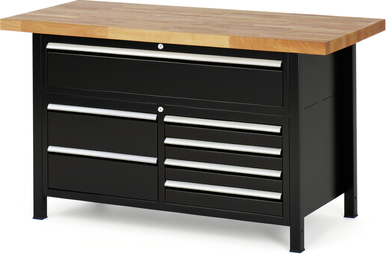 RAU Werkbank schwarz - Breite 150 cm - Tiefe 70 cm - Höhe 84 cm - Buche-Massiv Arbeitsplatte 40 mm