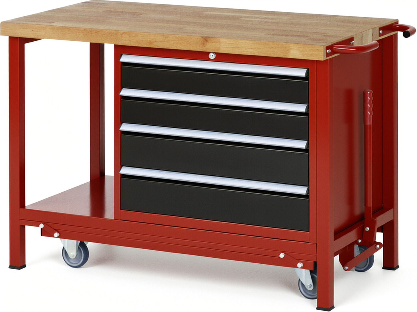 Absenkbare Werkbank Modell 8262 rot - schwarz, BxTxH 1250x700x880 mm,  Buche-Massiv Arbeitsplatte 40 mm,  4 Schubladen mit  Auszug 90 %