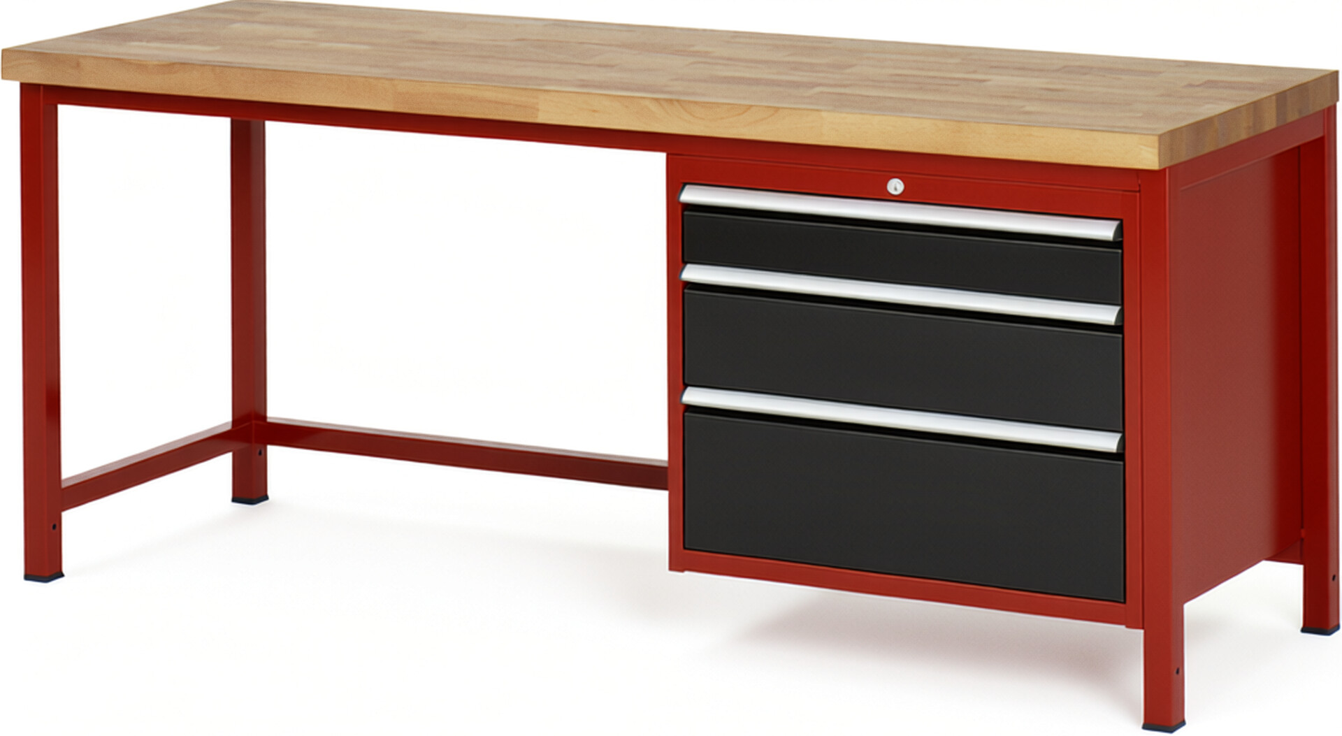 Werkbank Modell 8259 rot - schwarz, BxTxH 2000x700x840-1040 mm,  Buche-Massiv Arbeitsplatte 40 mm,  3 Schubladen mit  Vollauszug 100 % und  SoftClosing