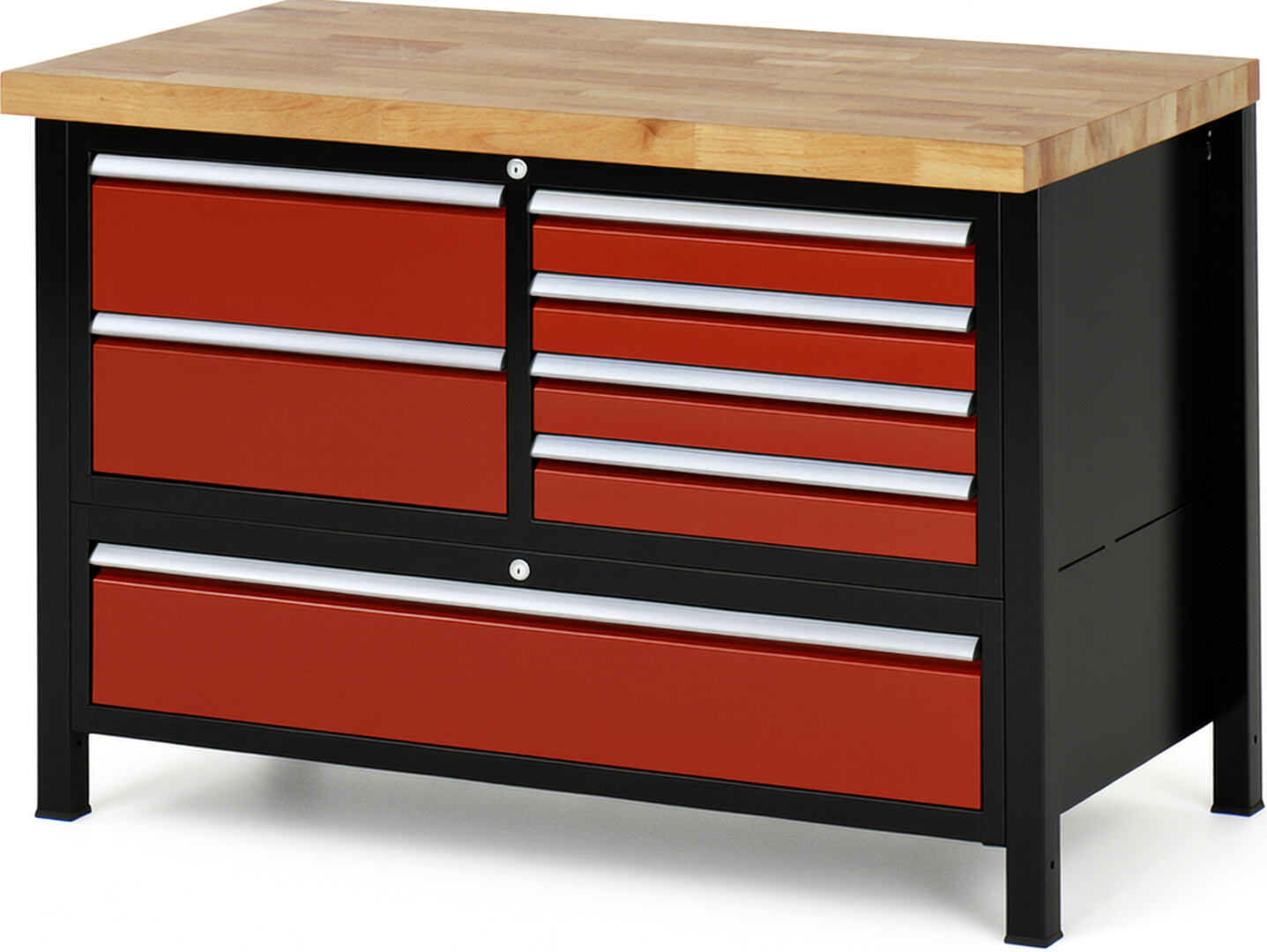 RAU Werkbank schwarz - rot - Breite 125 cm - Tiefe 70 cm - Höhe 104 cm - Buche-Massiv Arbeitsplatte 40 mm