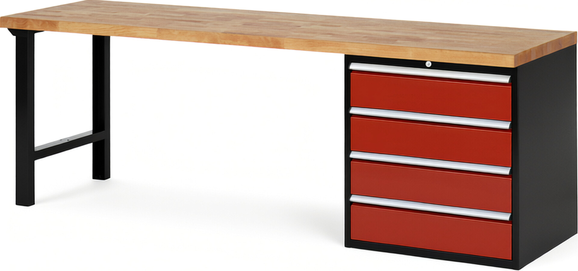 RAU Werkbank schwarz - rot - Breite 250 cm - Tiefe 70 cm - Höhe 84 cm - Buche-Massiv Arbeitsplatte 40 mm