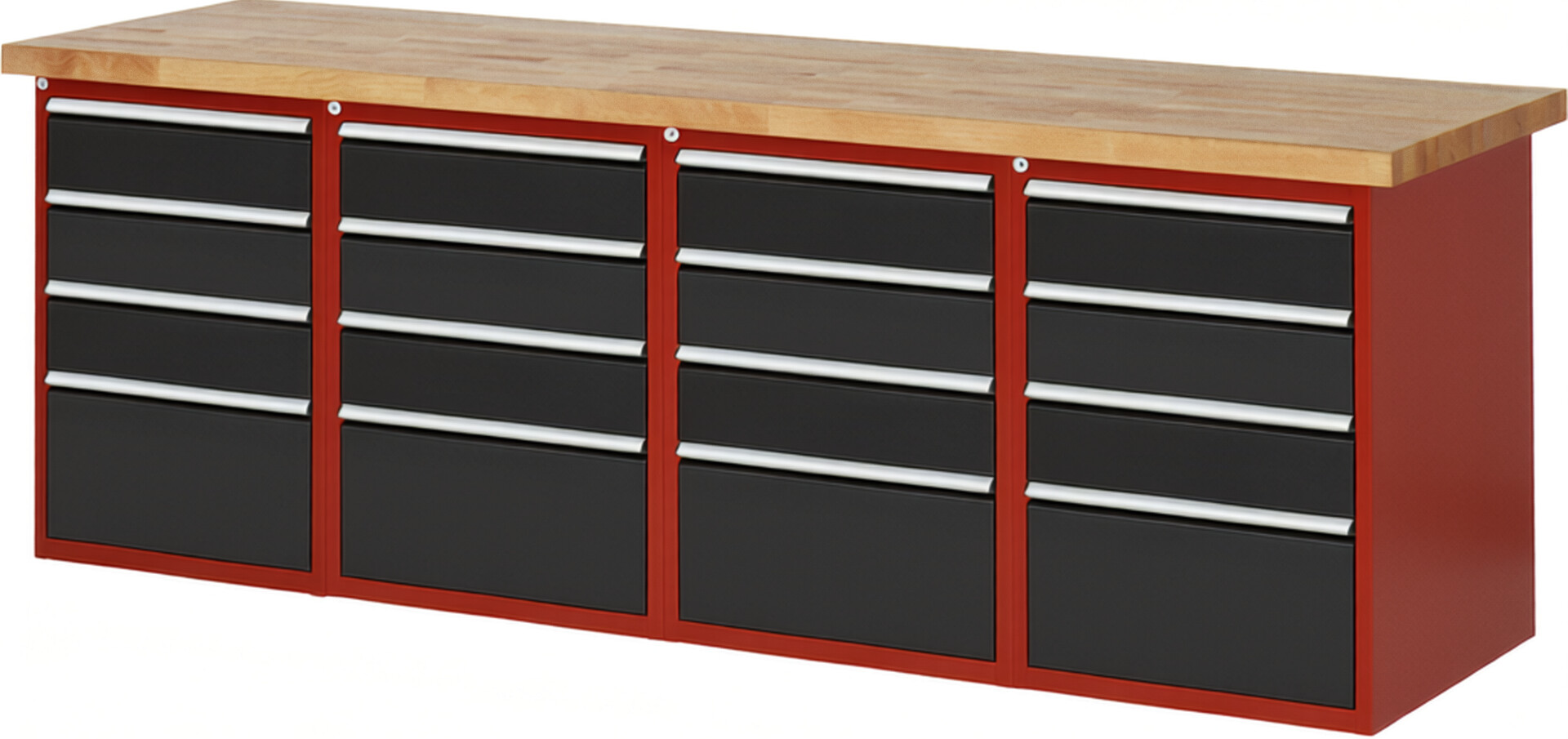 Werkbank Modell 7510 rot - schwarz, BxTxH 2500x900x890 mm,  Buche-Massiv Arbeitsplatte 40 mm,  16 Schubladen mit  Vollauszug 100 % und  SoftClosing