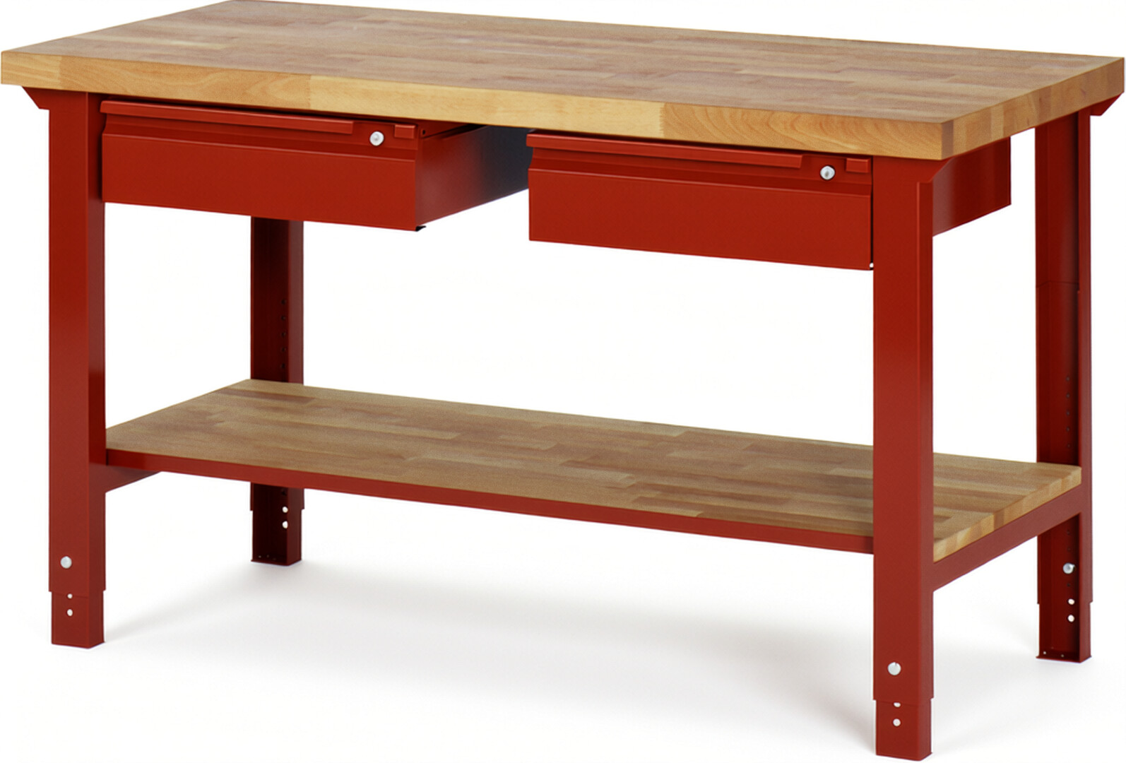 Werkbank - Modell 7002 BASIC rot, BxTxH 1500x700x790-1140 mm,  Buche-Massiv Arbeitsplatte 40 mm,  2 Schubladen mit  Auszug 90 %