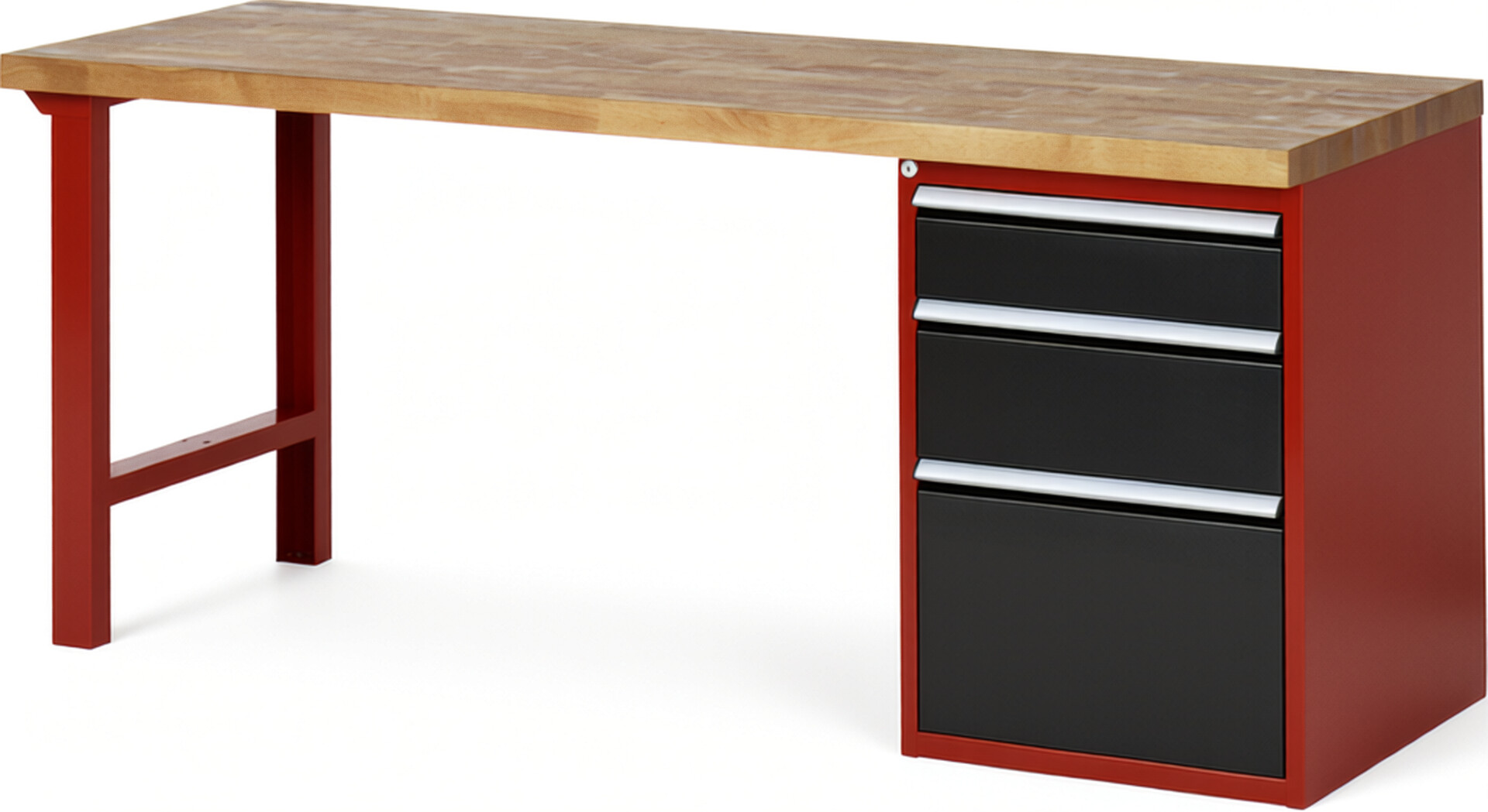 Werkbank Modell 7508 rot - schwarz, BxTxH 2000x700x890 mm,  Buche-Massiv Arbeitsplatte 40 mm,  3 Schubladen mit  Auszug 90 %