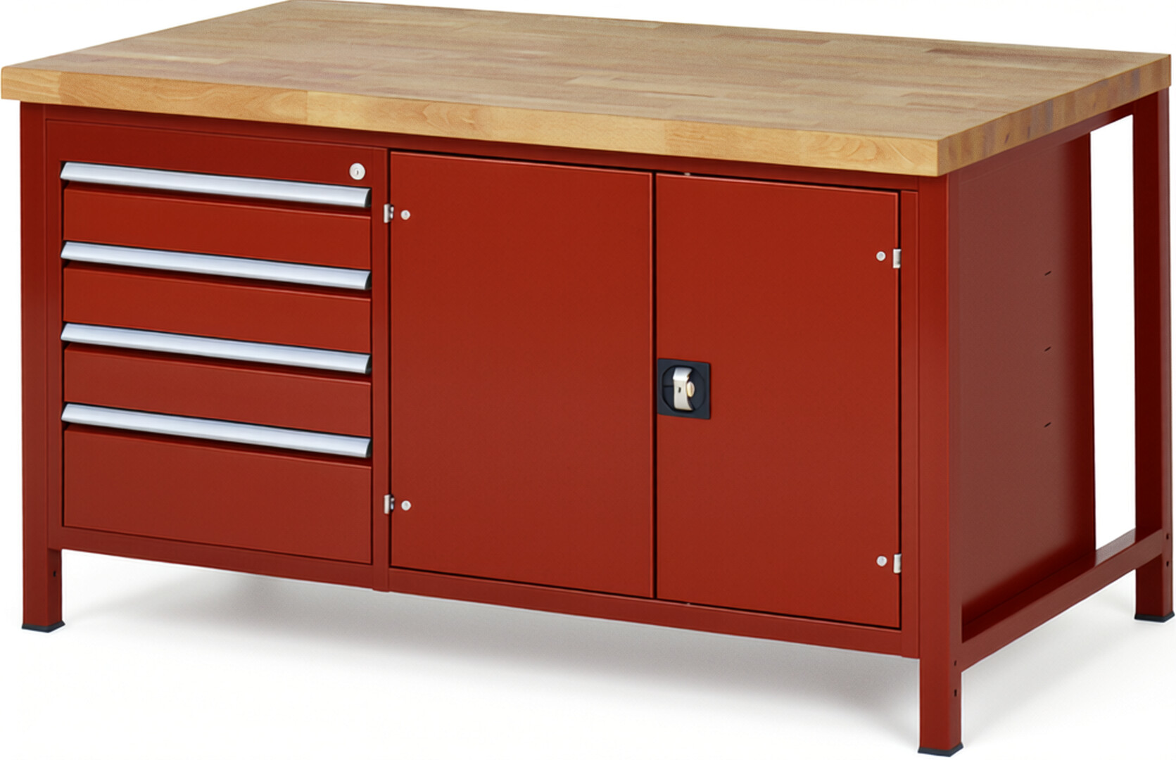 RAU Werkbank rot - Breite 150 cm - Tiefe 90 cm - Höhe 104 cm - Buche-Massiv Arbeitsplatte 40 mm