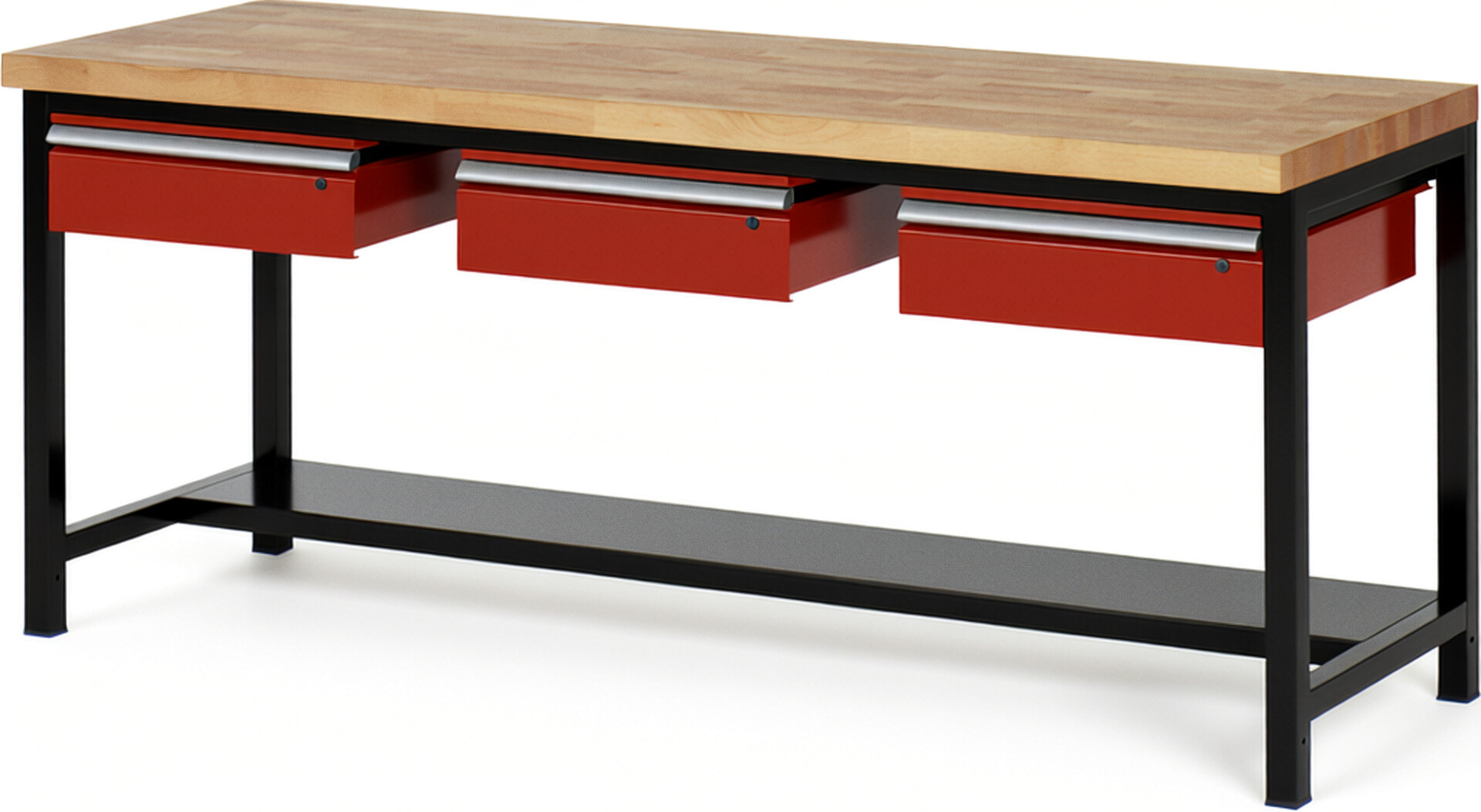 RAU Werkbank schwarz - rot - Breite 200 cm - Tiefe 90 cm - Höhe 104 cm - Buche-Massiv Arbeitsplatte 40 mm