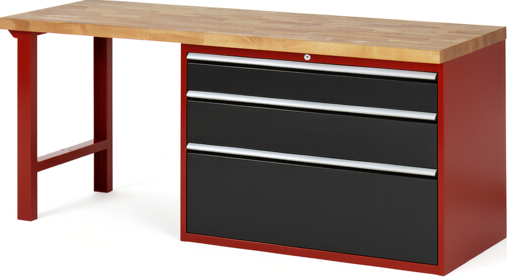 Werkbank Modell 7708 rot - schwarz, BxTxH 2000x700x840 mm,  Buche-Massiv Arbeitsplatte 40 mm,  3 Schubladen mit  Auszug 90 %