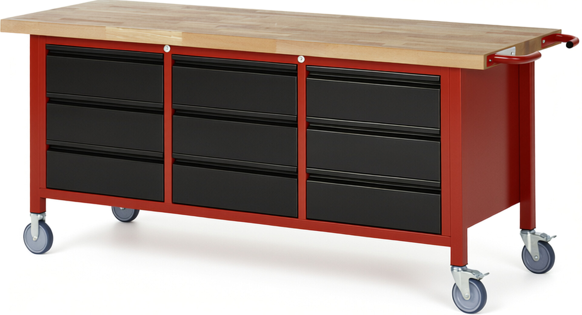 Fahrbare Werkbank - Modell 8574 BASIC rot - schwarz, BxTxH 2000x700x880 mm,  Buche-Massiv Arbeitsplatte 40 mm,  9 Schubladen mit  Auszug 90 %
