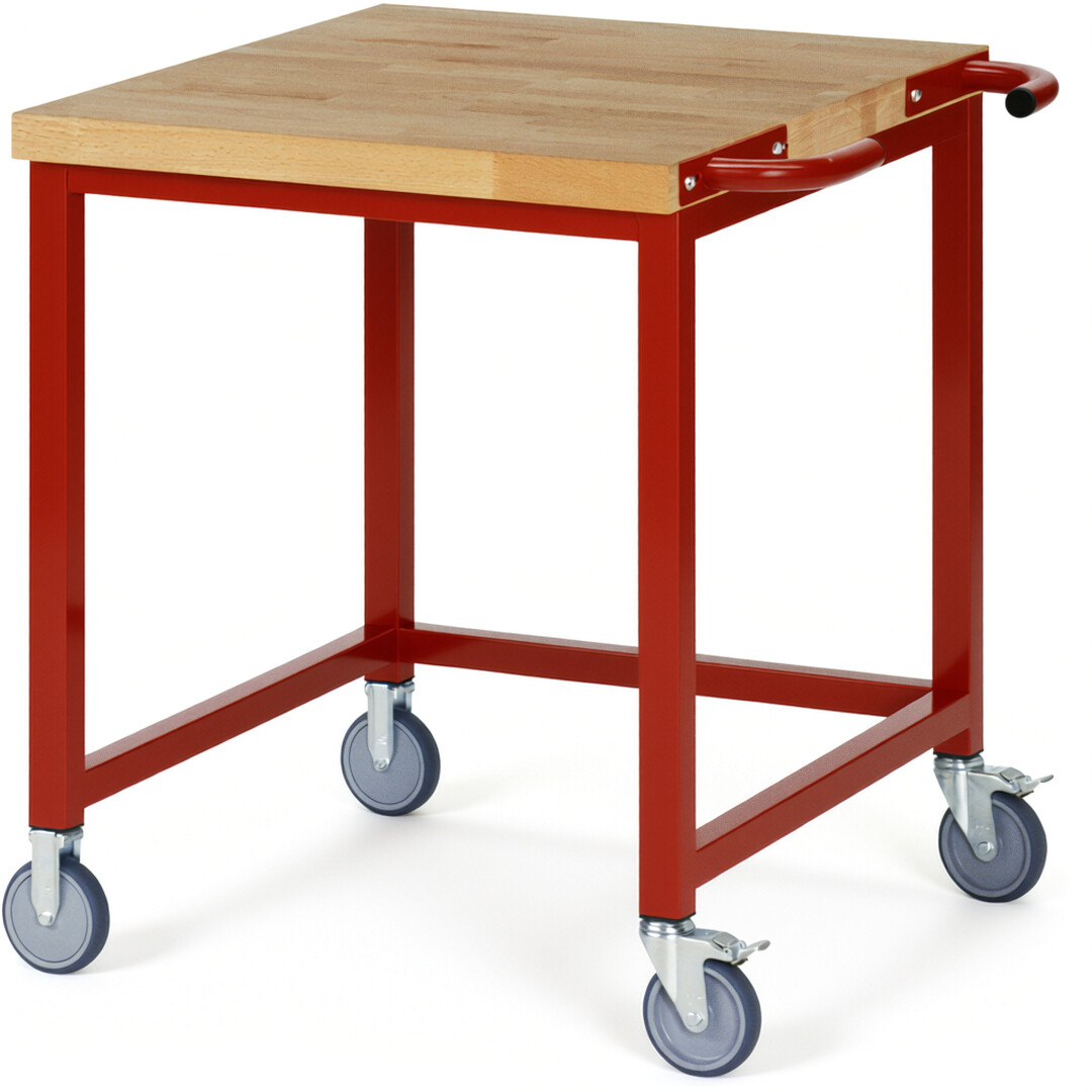 Fahrbare Werkbank Modell 8000 rot, BxTxH 750x900x880-1080 mm,  Buche-Massiv Arbeitsplatte 40 mm