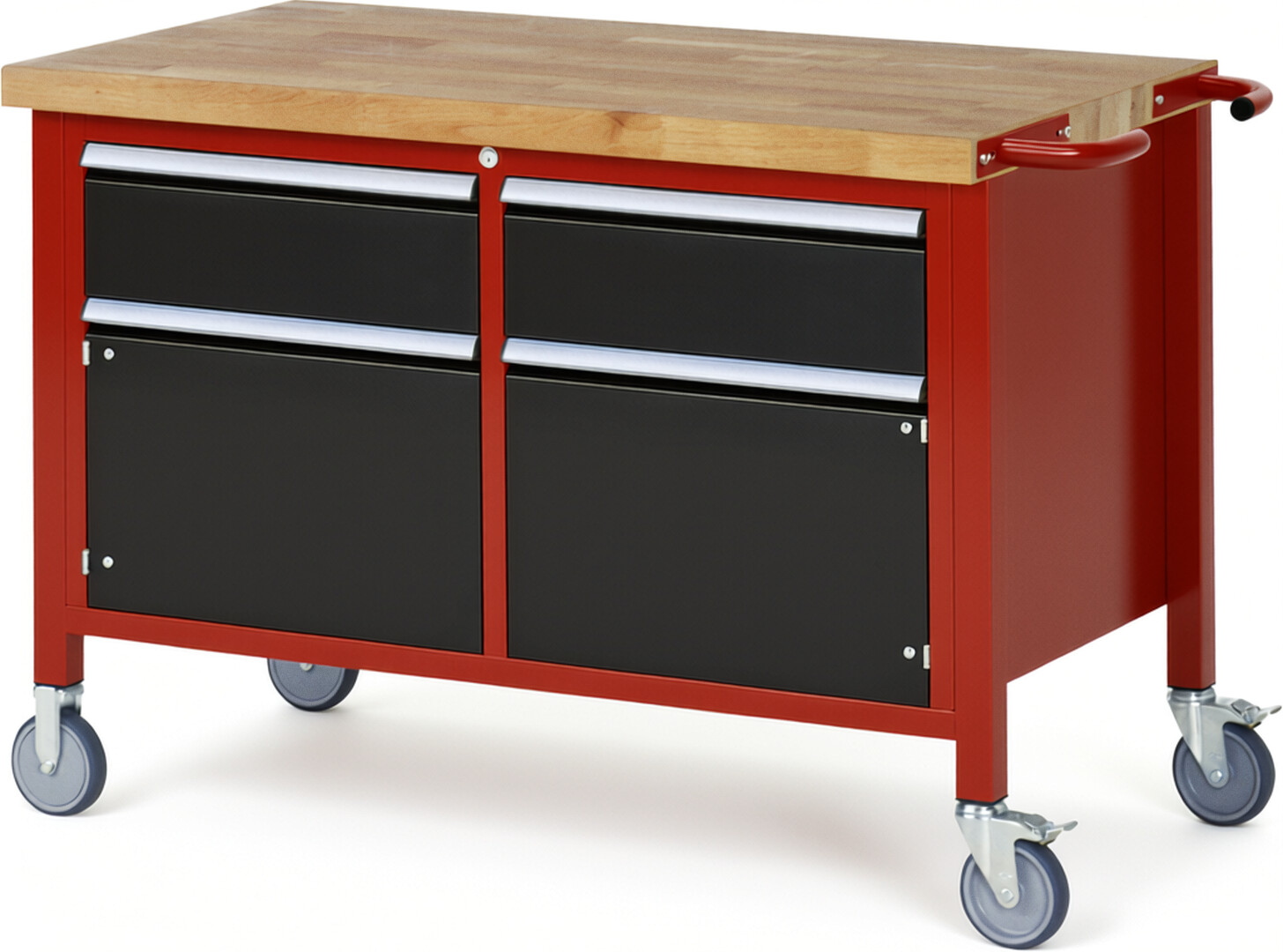 Fahrbare Werkbank Modell 8466 rot - schwarz, BxTxH 1250x700x880-1080 mm,  Buche-Massiv Arbeitsplatte 40 mm,  2 Schubladen mit  Vollauszug 100 % und  SoftClosing