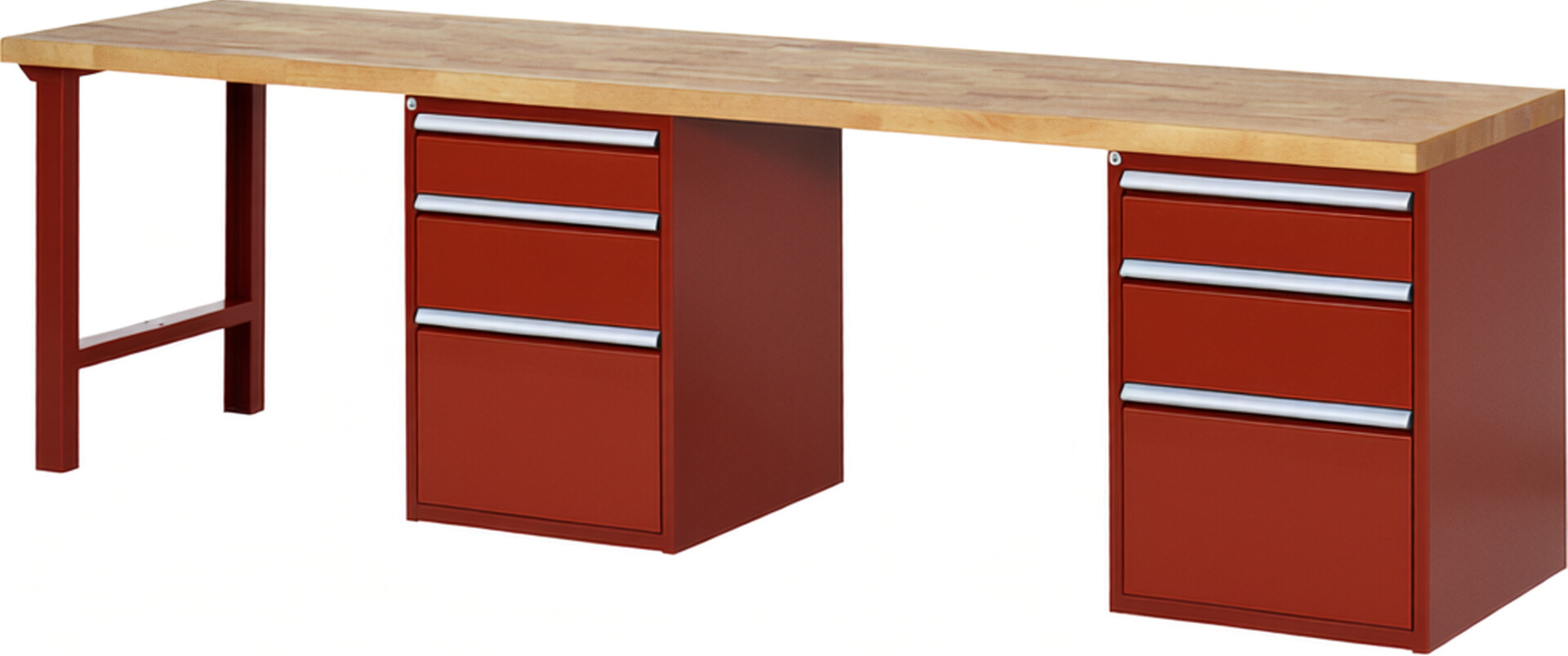 Werkbank Modell 7508 rot, BxTxH 3000x700x890 mm,  Buche-Massiv Arbeitsplatte 40 mm,  6 Schubladen mit  Auszug 90 %