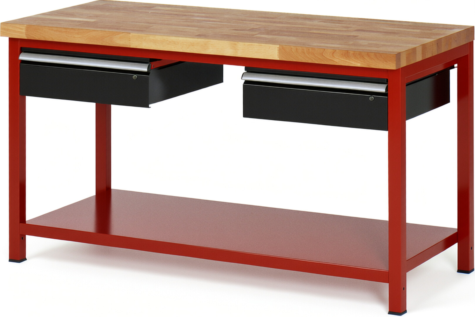 Werkbank Modell 8002 rot - schwarz, BxTxH 1500x700x840 mm,  Buche-Massiv Arbeitsplatte 40 mm,  2 Schubladen mit  Auszug 90 %