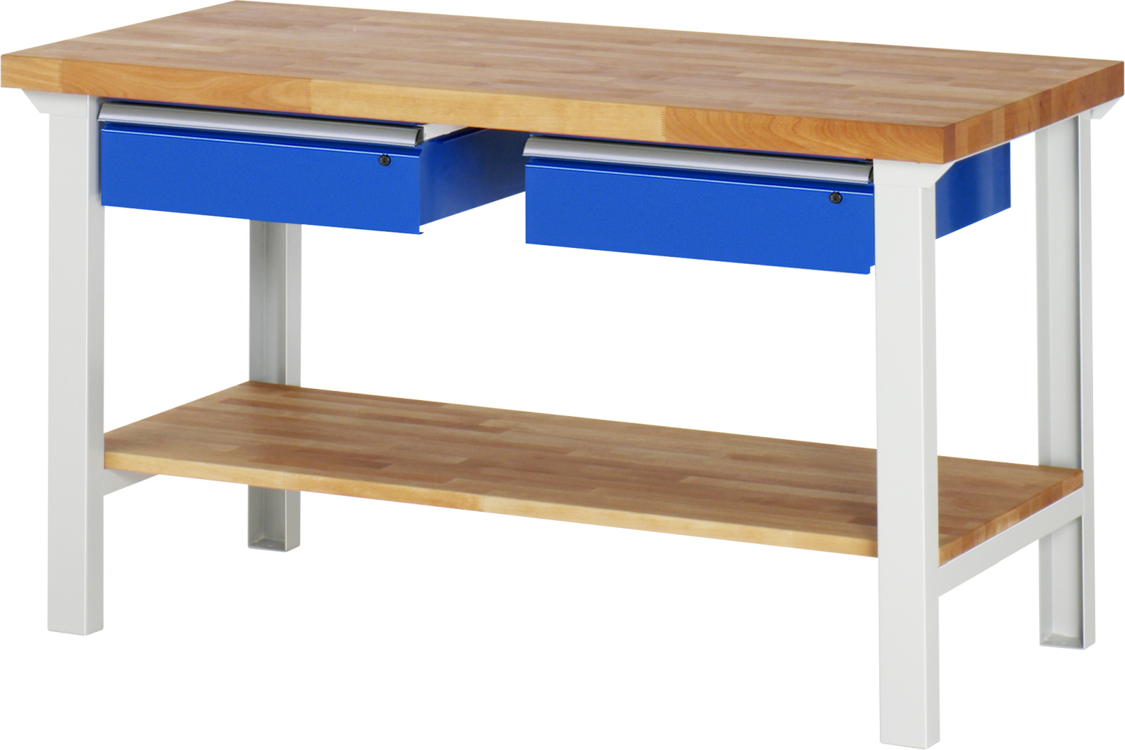 Werkbank Modell 7002 rot - schwarz, BxTxH 1500x700x840 mm,  Buche-Massiv Arbeitsplatte 40 mm,  2 Schubladen mit  Auszug 90 %