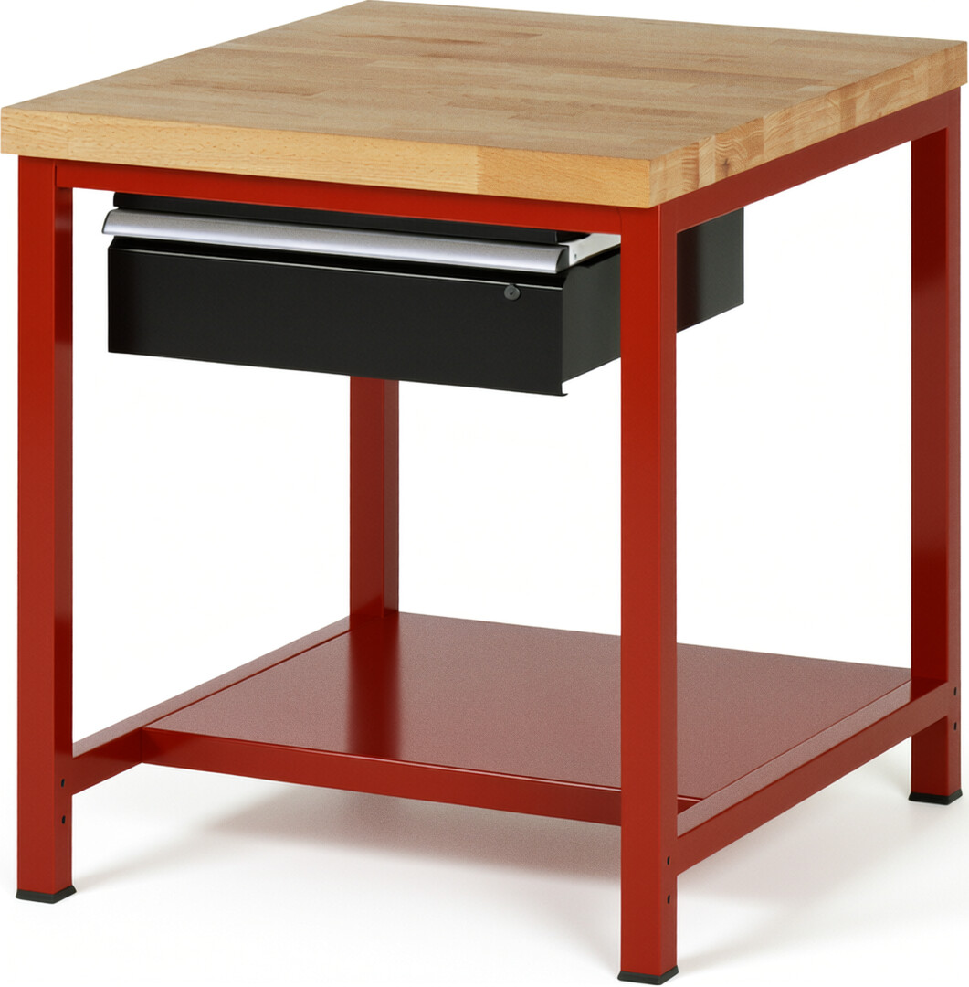 Werkbank Modell 8001 rot - schwarz, BxTxH 750x900x840-1040 mm,  Buche-Massiv Arbeitsplatte 40 mm,  1 Schublade mit  Auszug 90 %