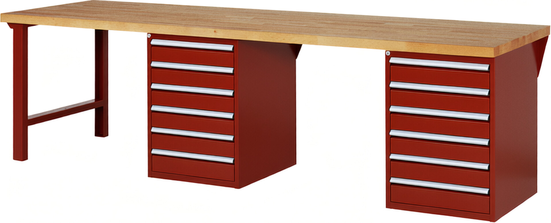 Werkbank Modell 7516 rot, BxTxH 3000x900x890 mm,  Buche-Massiv Arbeitsplatte 40 mm,  12 Schubladen mit  Auszug 90 %