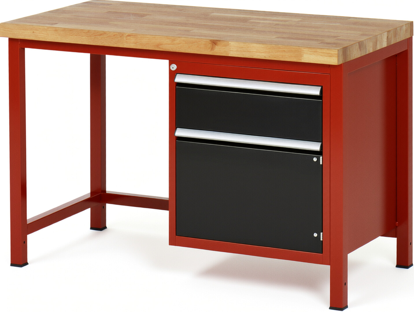 Werkbank Modell 8152 rot - schwarz, BxTxH 1250x700x840 mm,  Buche-Massiv Arbeitsplatte 40 mm,  1 Schublade mit  Auszug 90 %