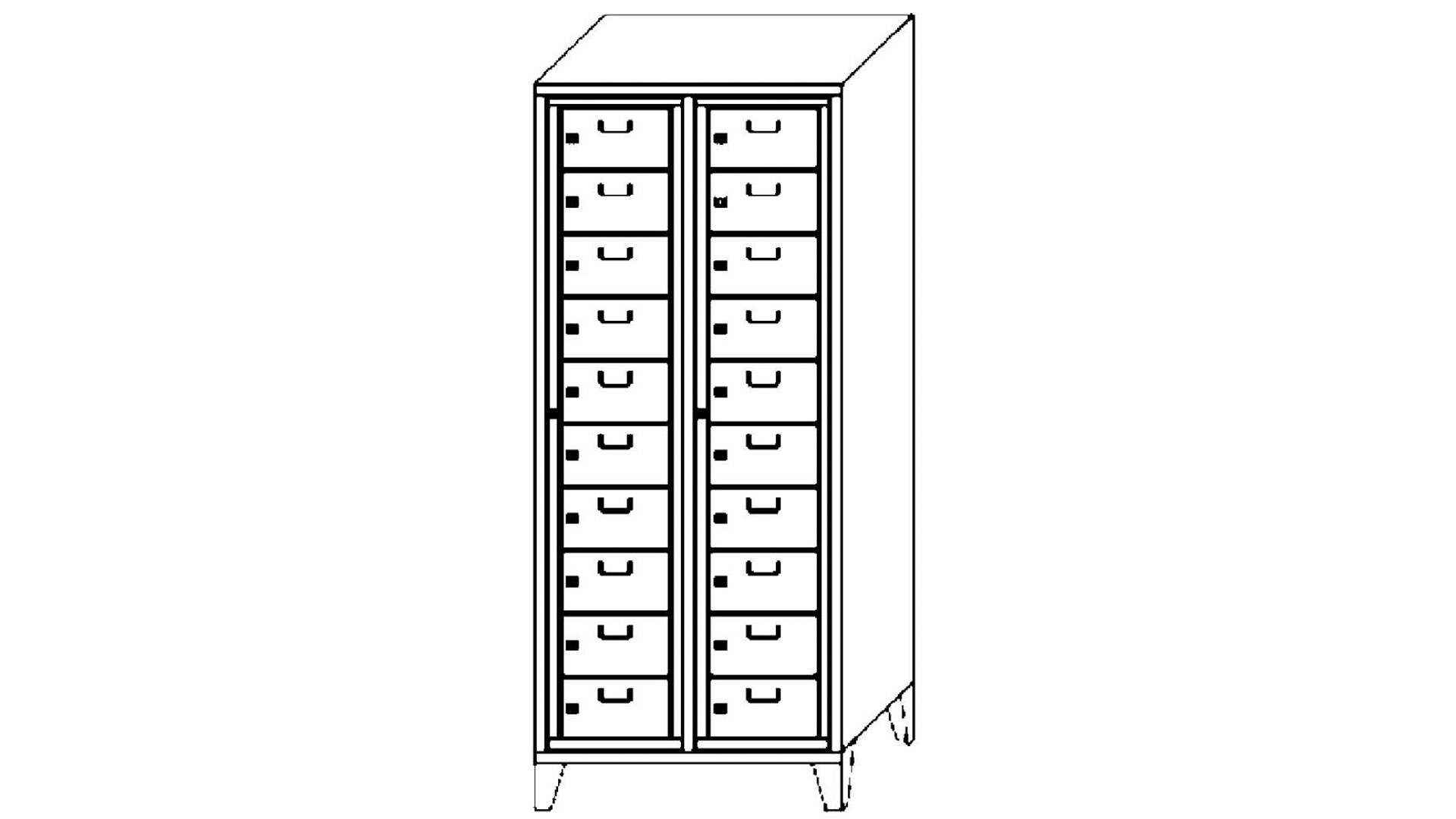 Wäscheschrank / Wäscheverteilschrank - 20 Fächer a 315 mm - 1.850x770x500 mm (HxBxT) - Füße - Zylinderschloss - lichtgrau/feuerrot