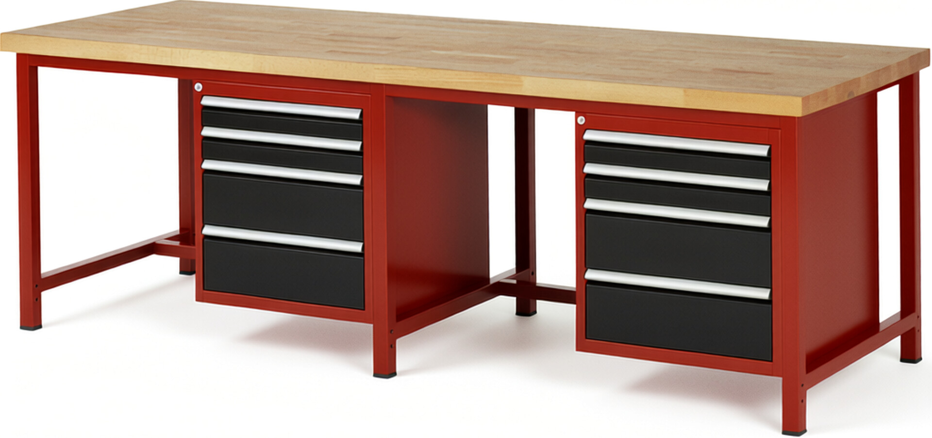Werkbank Modell 8161 rot - schwarz, BxTxH 2500x900x840 mm,  Buche-Massiv Arbeitsplatte 40 mm,  8 Schubladen mit  Auszug 90 %