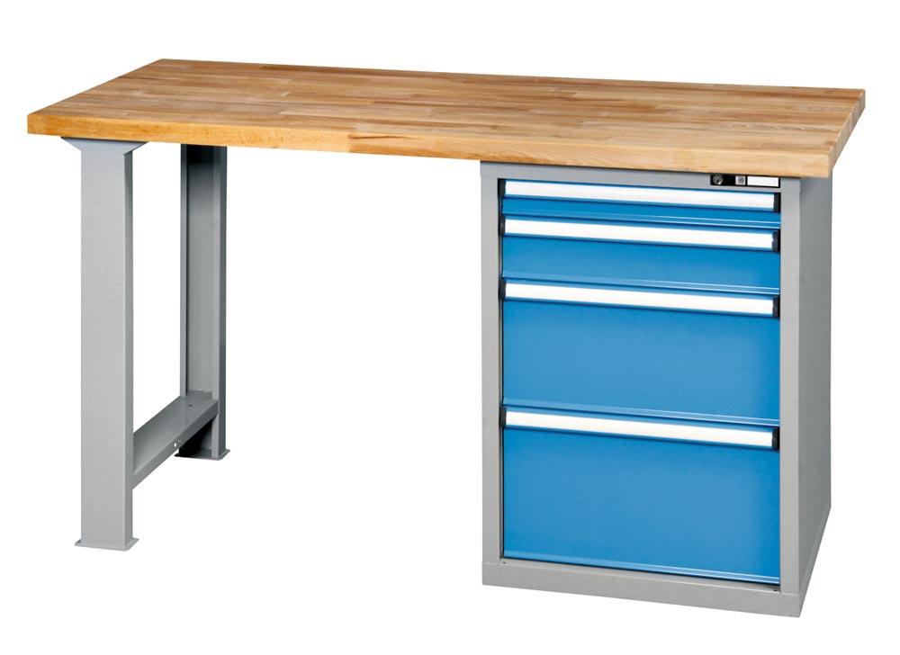 Werkbank, BxTxH 1500x800x880 mm, 1 Fuß, 1 Schubladenblock, je 1 Schubladen 75, 125, 250, 300 mm, Traglast 700 kg, RAL 7035/5012