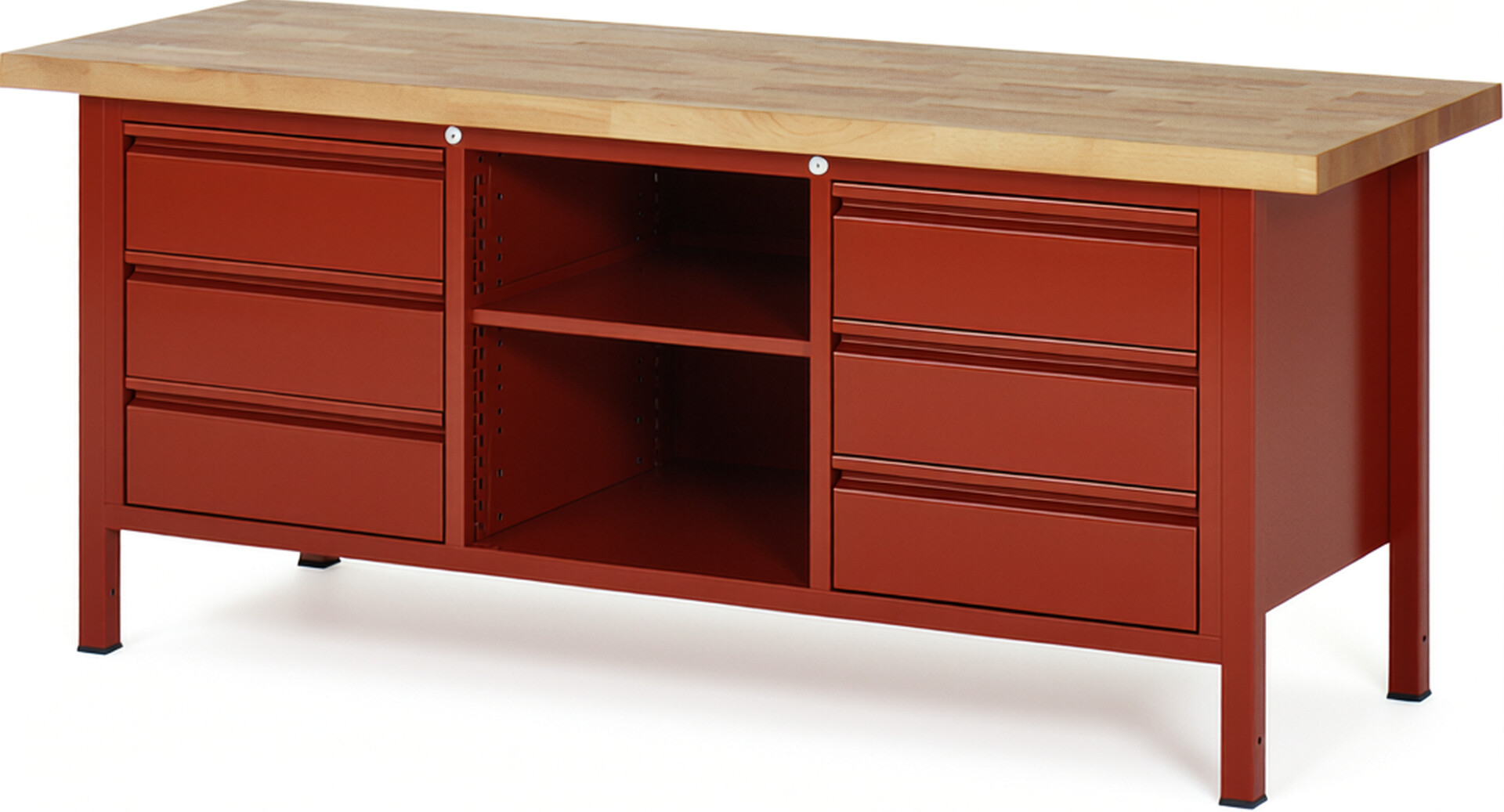 Werkbank - Modell 8581 BASIC rot, BxTxH 2000x700x840-1040 mm,  Buche-Massiv Arbeitsplatte 40 mm,  6 Schubladen mit  Auszug 90 %