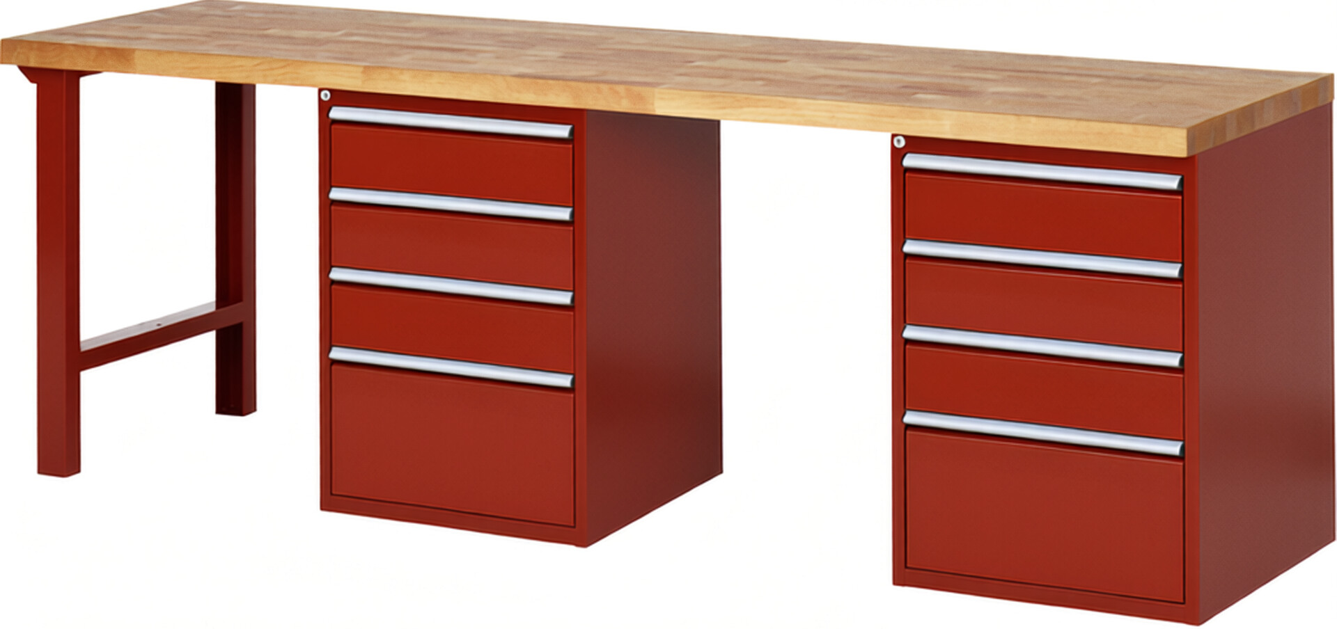 Werkbank Modell 7510 rot, BxTxH 2500x700x840 mm,  Buche-Massiv Arbeitsplatte 40 mm,  8 Schubladen mit  Vollauszug 100 % und  SoftClosing