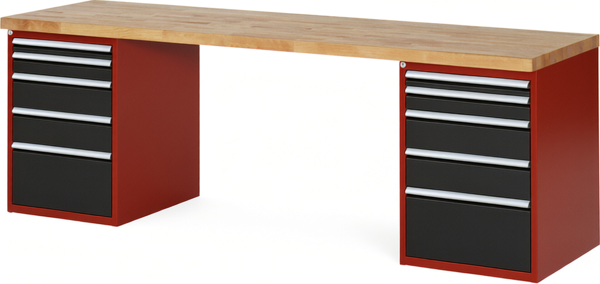 Werkbank Modell 7511 rot - schwarz, BxTxH 2500x700x890 mm,  Buche-Massiv Arbeitsplatte 40 mm,  10 Schubladen mit  Auszug 90 %