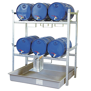 Fassregal, Stahl verzinkt, mit Fassauflage für 6x60-l-Fässer, GFK-Auffangwanne Auffangvolumen 220 l, BxTxH 1410x1280x1620 mm