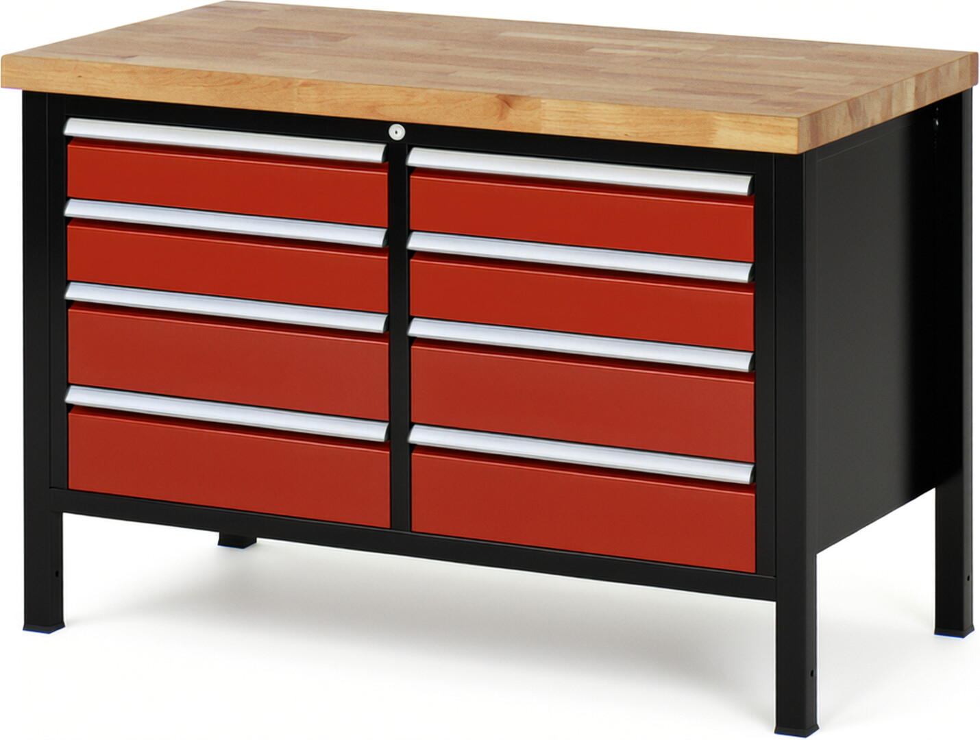 RAU Werkbank schwarz - rot - Breite 125 cm - Tiefe 70 cm - Höhe 104 cm - Buche-Massiv Arbeitsplatte 40 mm